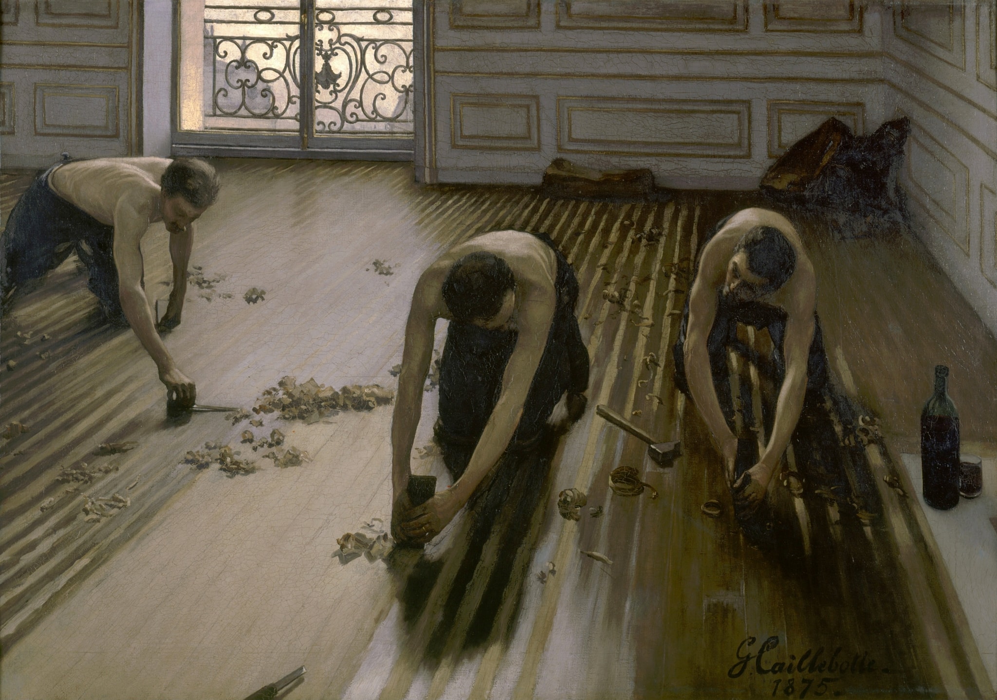 Click numbered symbols to learn about their meaning The Floor Scrapers by Gustave Caillebotte (1875) featuring Raking sunlight from the balcony, Wood shavings (curls), Cabinet scrapers, Hammer and metal file
