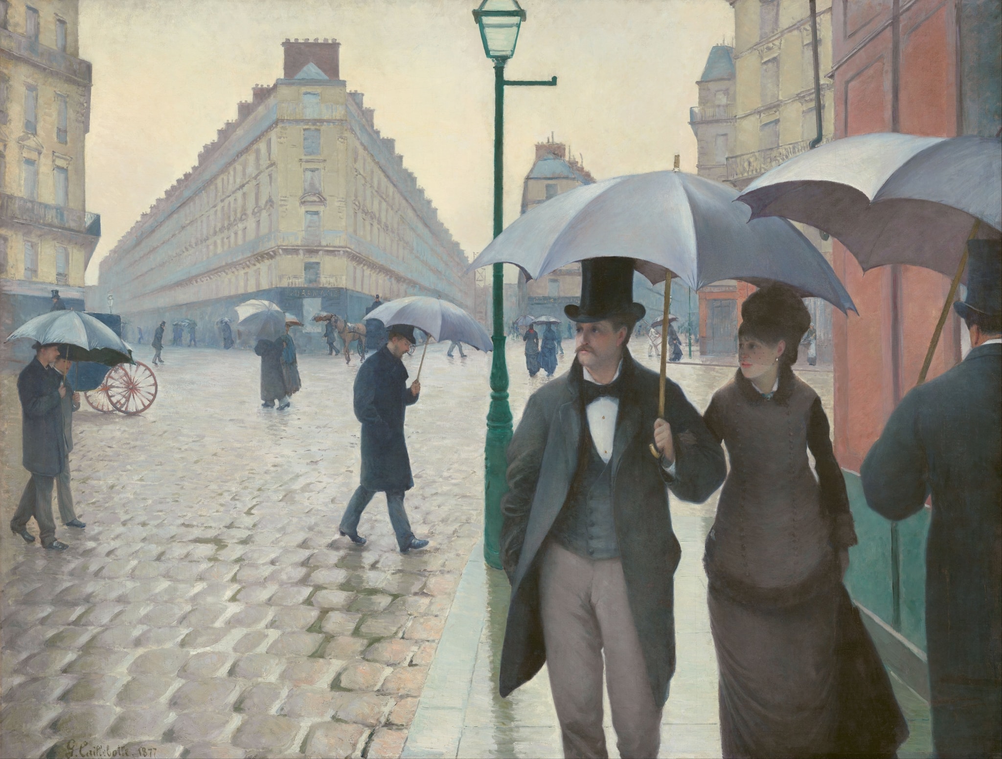 Click numbered symbols to learn about their meaning Paris Street; Rainy Day by Gustave Caillebotte (1877) featuring Umbrellas, Central Gas Lamppost, Haussmann Wedge Block, Bourgeois Couple (Flâneur and Companion)