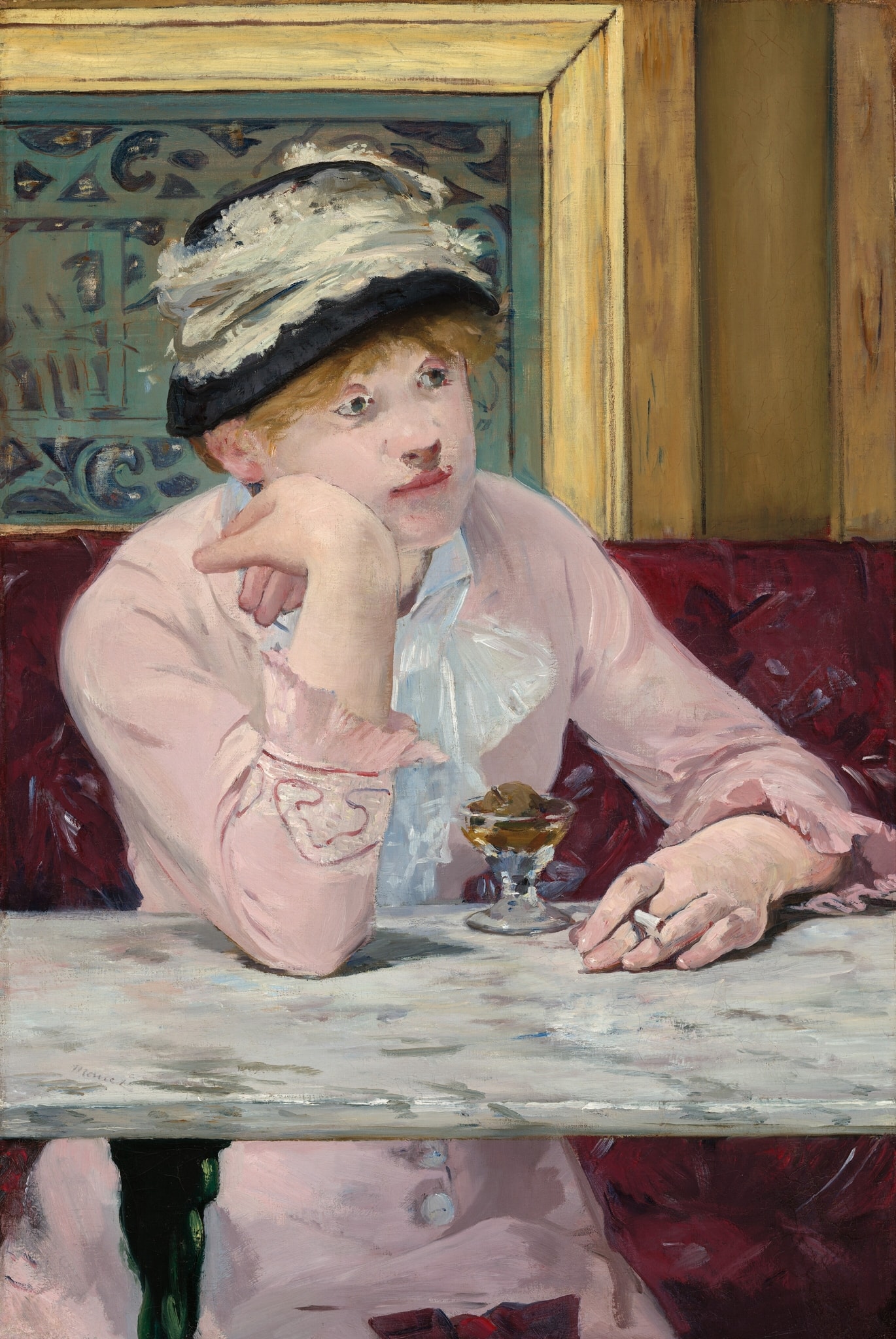 Click numbered symbols to learn about their meaning Plum Brandy by Édouard Manet (ca. 1877) featuring Unlit cigarette, Glass with plum brandy, Marble café table, Red banquette