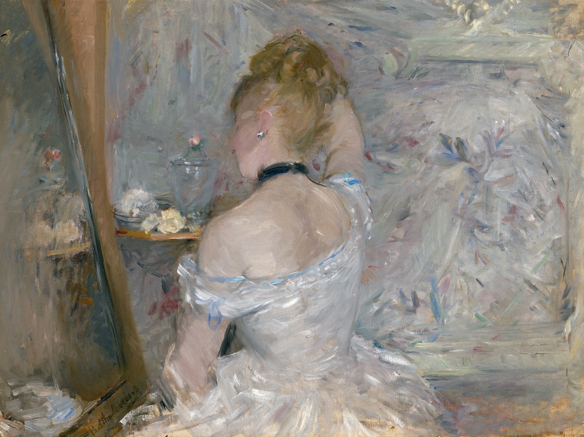 Click numbered symbols to learn about their meaning Woman at Her Toilette by Berthe Morisot (1875–1880) featuring Turned back (averted face), Raised arm / hair-adjusting gesture, Black velvet choker, Mirror with blurred reflection
