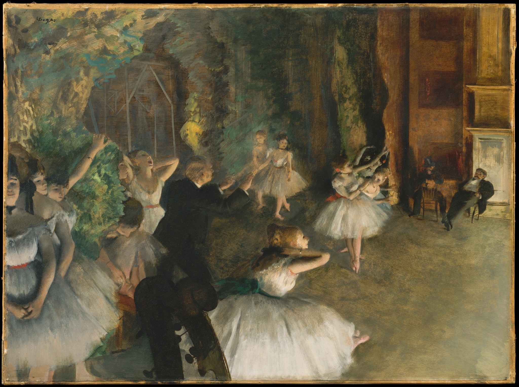 Click numbered symbols to learn about their meaning The Rehearsal of the Ballet Onstage by Edgar Degas (ca. 1874) featuring Ballet master/conductor with baton, Double bass, Abonnés (subscribers) in the wings, Footlights/gaslight glow