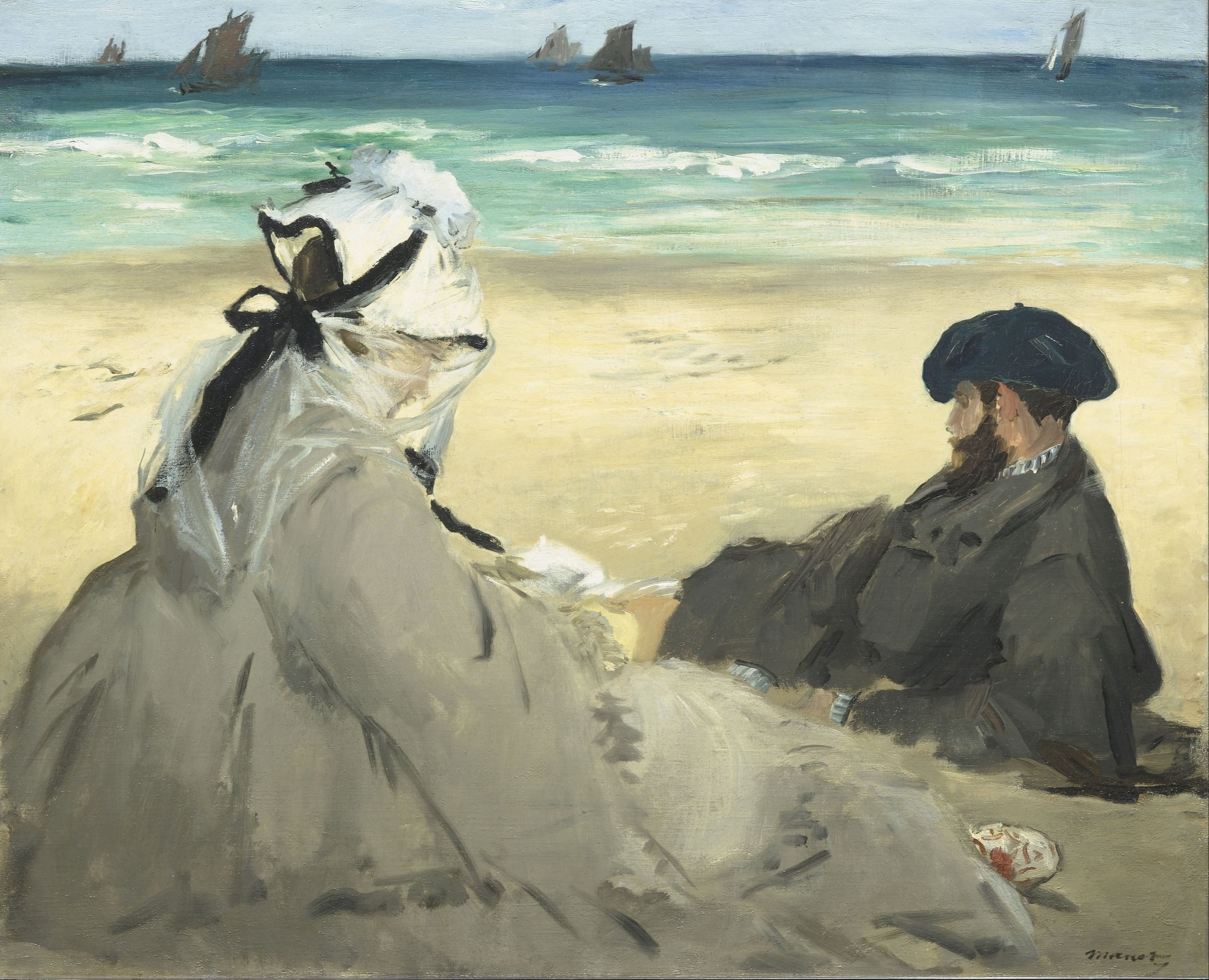Click numbered symbols to learn about their meaning On the Beach by Édouard Manet (1873) featuring Banded, high-horizon sea, Windblown white veil with black ribbons, Book, Sailboats on the horizon