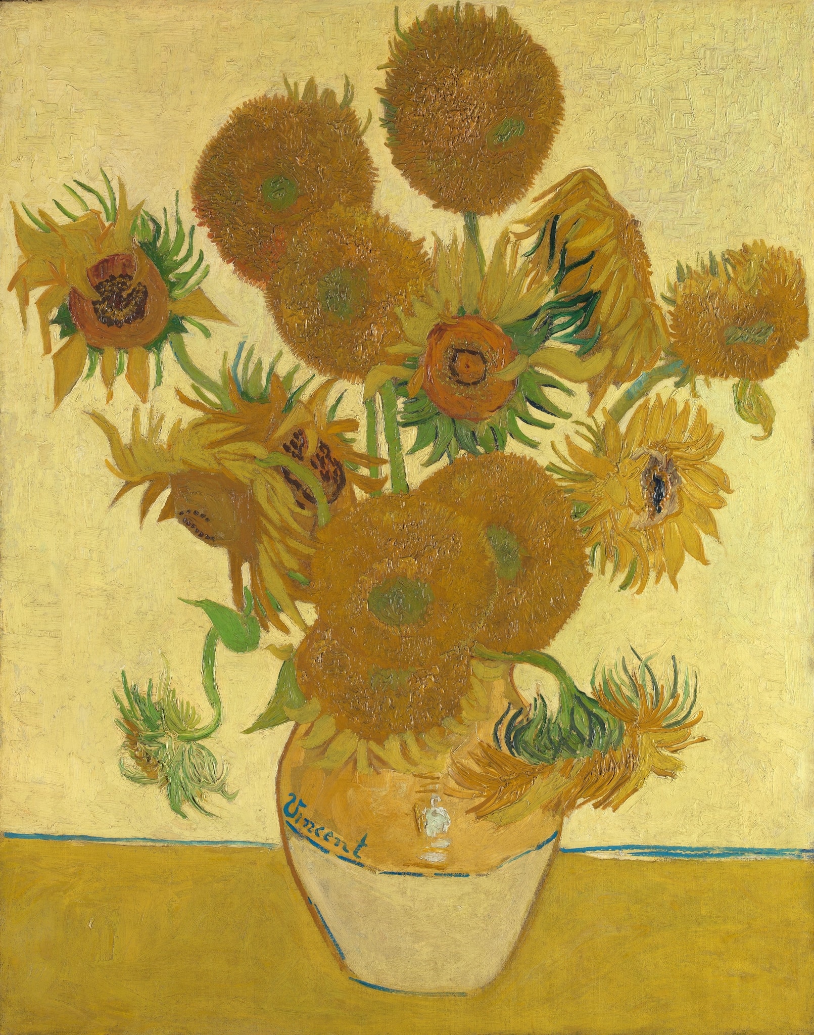 Click numbered symbols to learn about their meaning Sunflowers by Vincent van Gogh (1888) featuring Life‑cycle bouquet, Drooping sunflower (vanitas), Yellow‑on‑yellow field, Signed earthenware vase