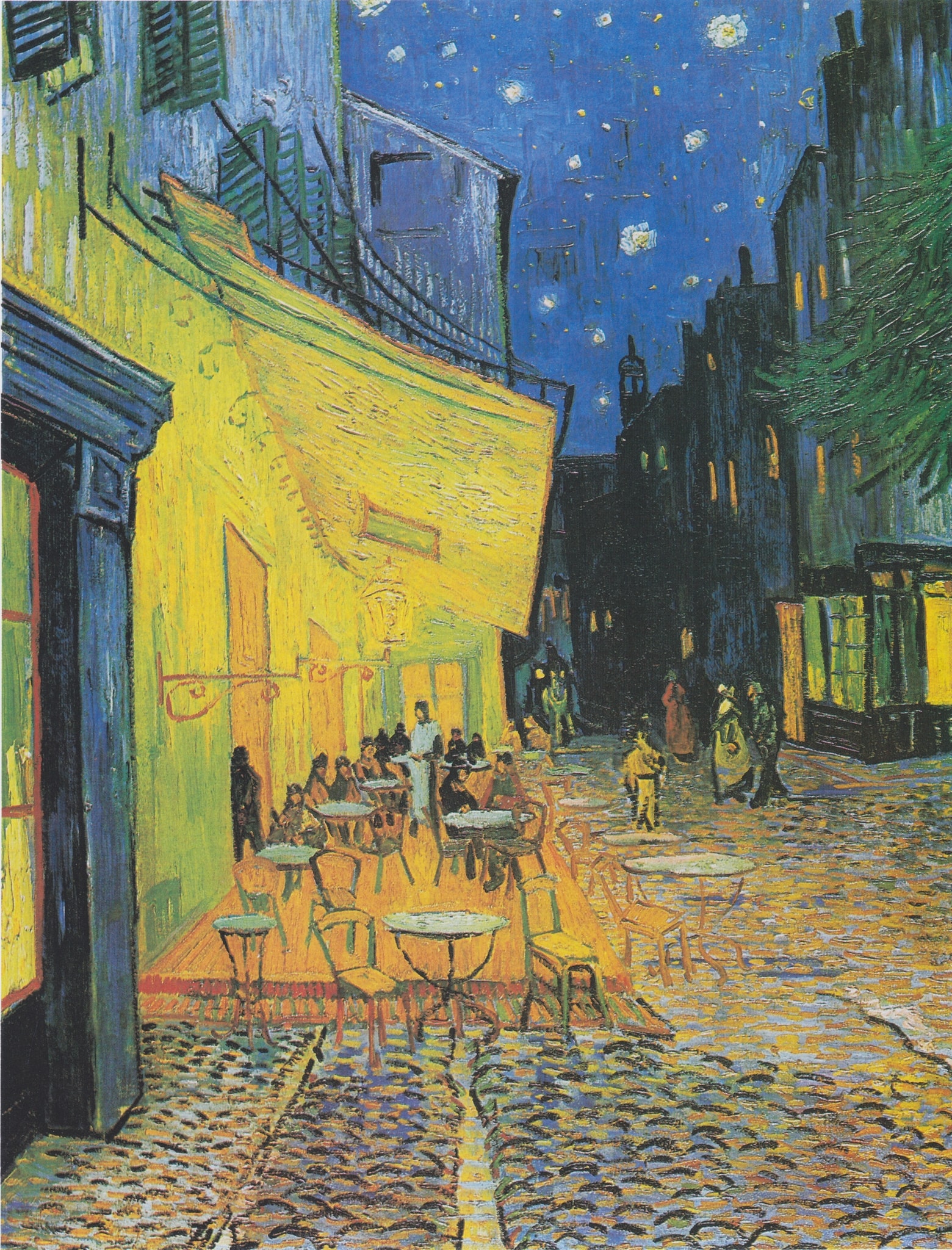 Click numbered symbols to learn about their meaning Café Terrace at Night by Vincent van Gogh (1888) featuring Yellow café terrace (gaslight glow), Ultramarine starry sky, Blue street/avenue, Dark vanishing point with lamppost