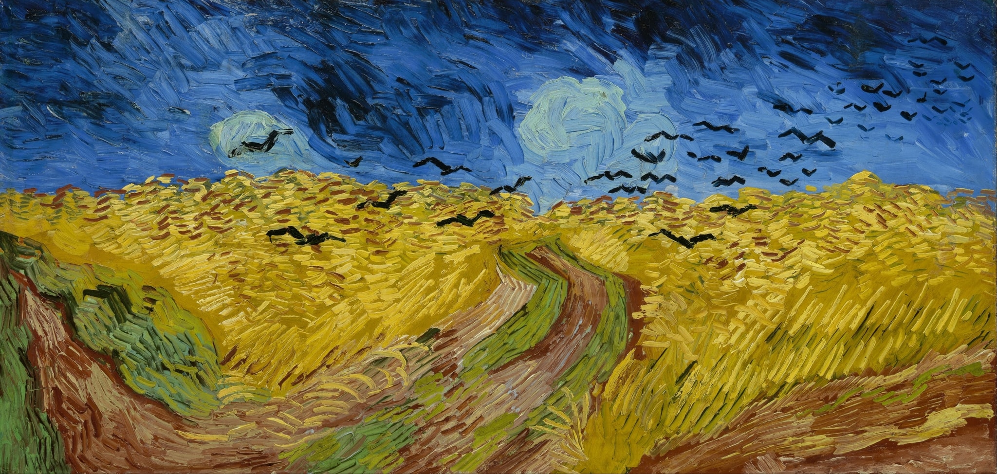 Click numbered symbols to learn about their meaning Wheatfield with Crows by Vincent van Gogh (1890) featuring Forking dirt track, Black crows, Turbulent storm sky, Golden wheatfield