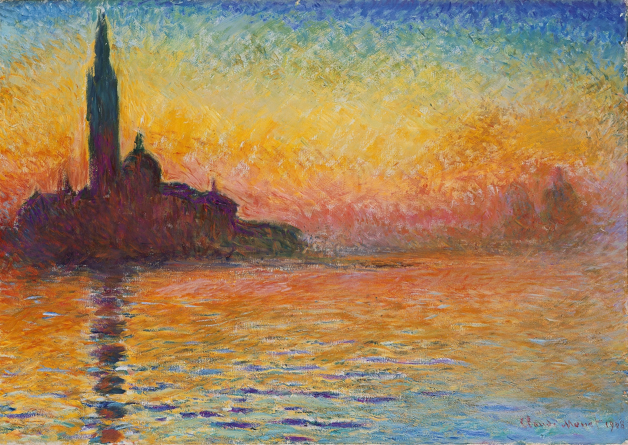 Click numbered symbols to learn about their meaning San Giorgio Maggiore at Dusk by Claude Monet (1908–1912) featuring Campanile (bell tower) vertical, Wavering vertical reflection, Dusk chromatic arc, Horizontal water bands
