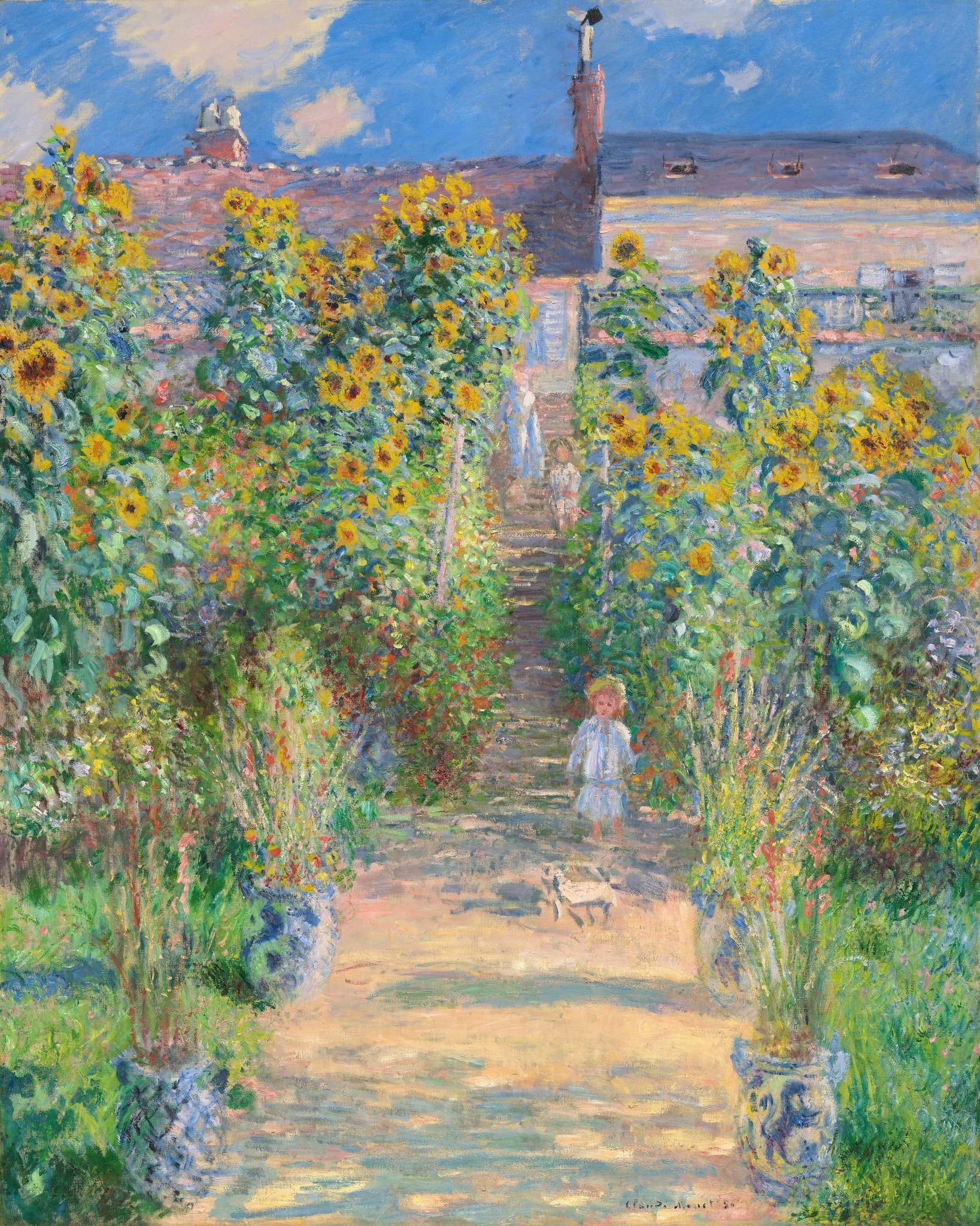 Click numbered symbols to learn about their meaning The Artist's Garden at Vétheuil by Claude Monet (1881) featuring Sunflowers, Axial Path and Steps, Blue-and-White Jardinieres, Child