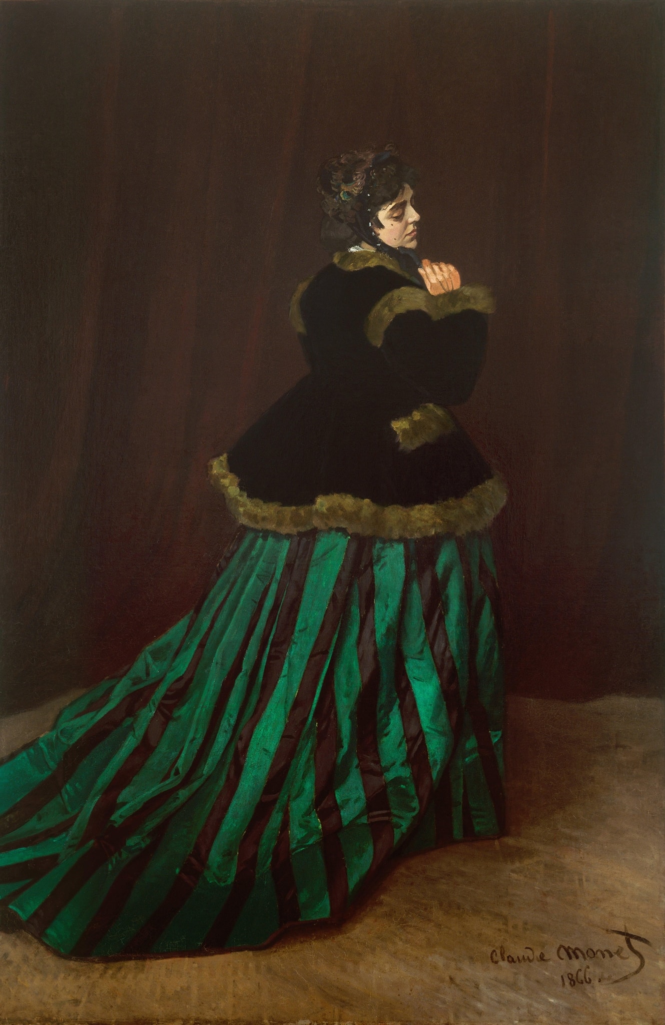 Click numbered symbols to learn about their meaning Camille (The Woman in the Green Dress) by Claude Monet (1866) featuring Emerald-and-black striped satin skirt, Cropped train, Dark curtain backdrop, Spotlight and pool of light