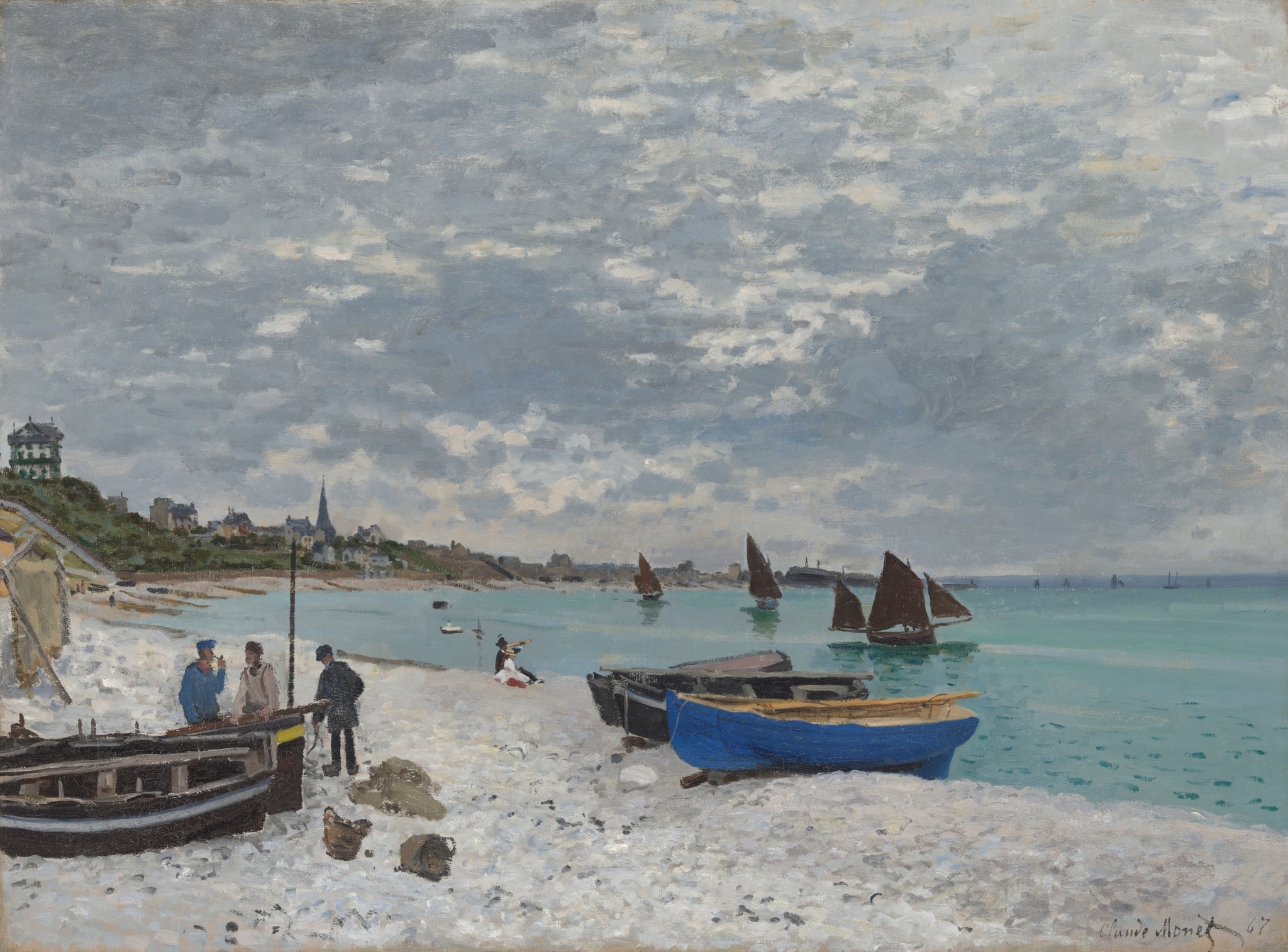 Click numbered symbols to learn about their meaning The Beach at Sainte-Adresse by Claude Monet (1867) featuring Blue beached boat, Rust-brown working sails, Seated woman in white (tourist gaze), Fishermen with gear (nets/baskets)