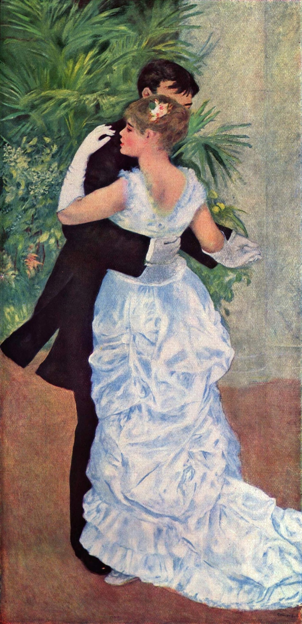 Click numbered symbols to learn about their meaning Dance in the City by Pierre-Auguste Renoir (1883) featuring White satin gown, Black tailcoat, Opera-length white gloves, Rose in hair