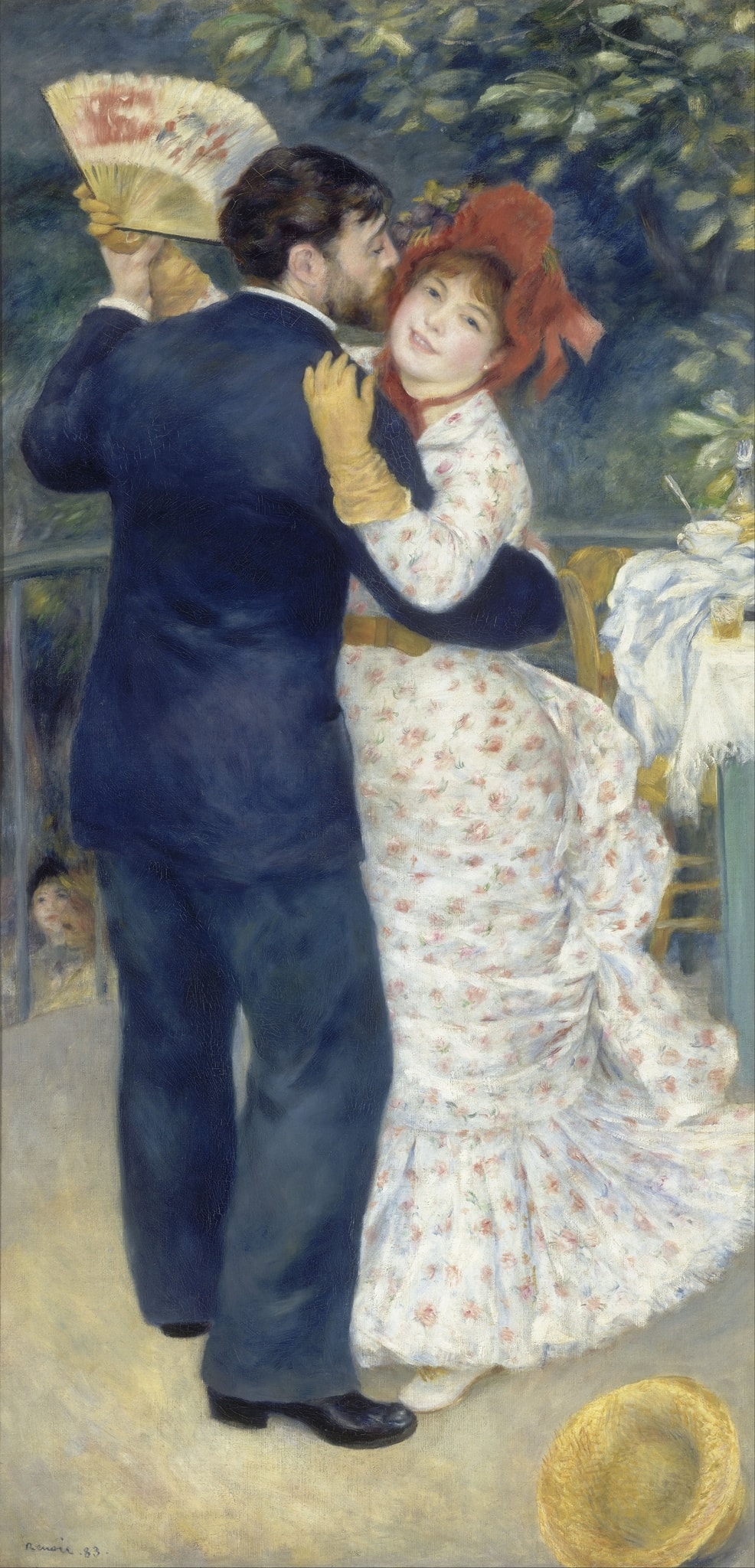 Click numbered symbols to learn about their meaning Dance in the Country by Pierre-Auguste Renoir (1883) featuring Folding fan, Yellow gloves, Straw boater hat, Café tableware