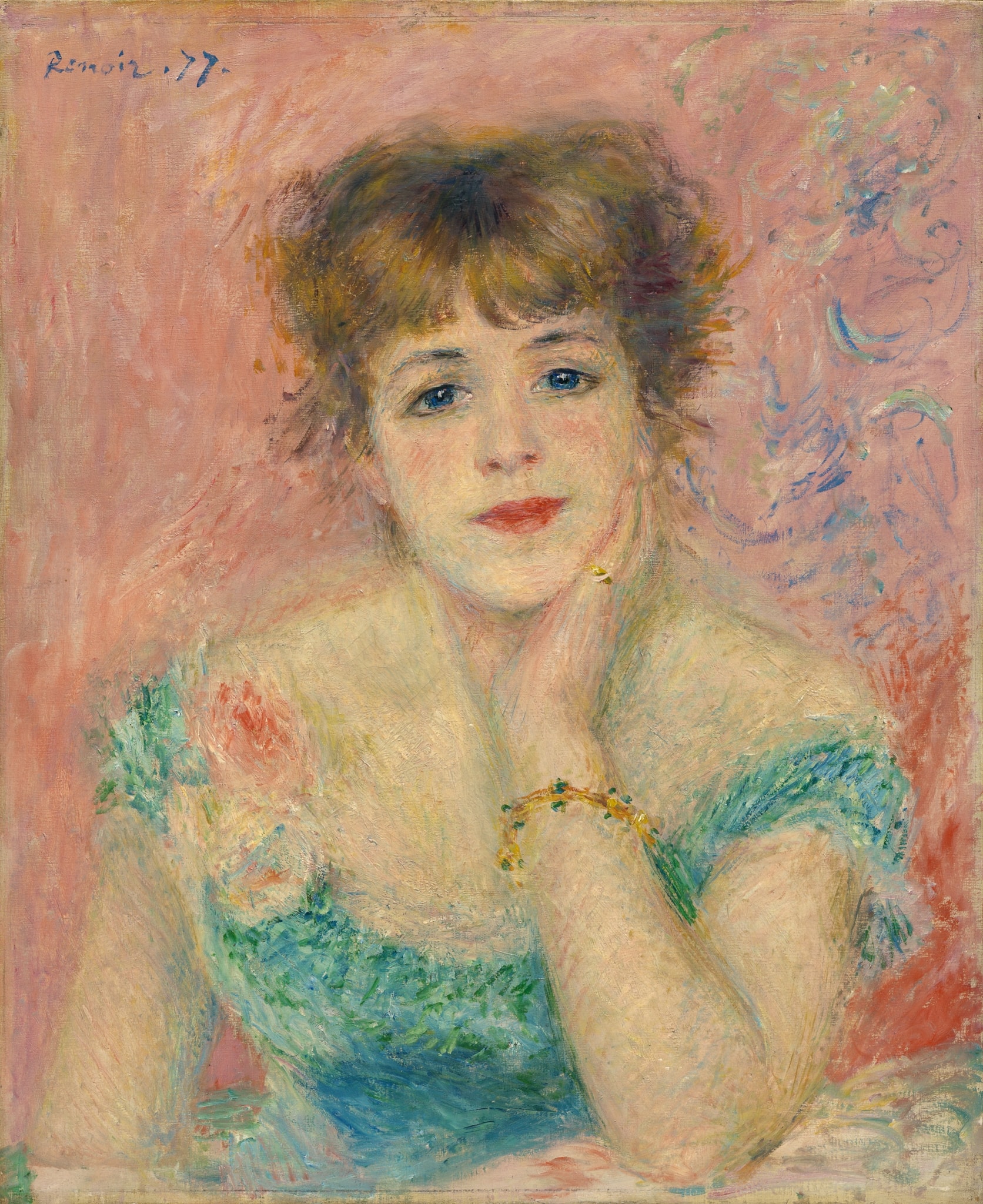Click numbered symbols to learn about their meaning Portrait of Jeanne Samary by Pierre-Auguste Renoir (1877) featuring Rose corsage