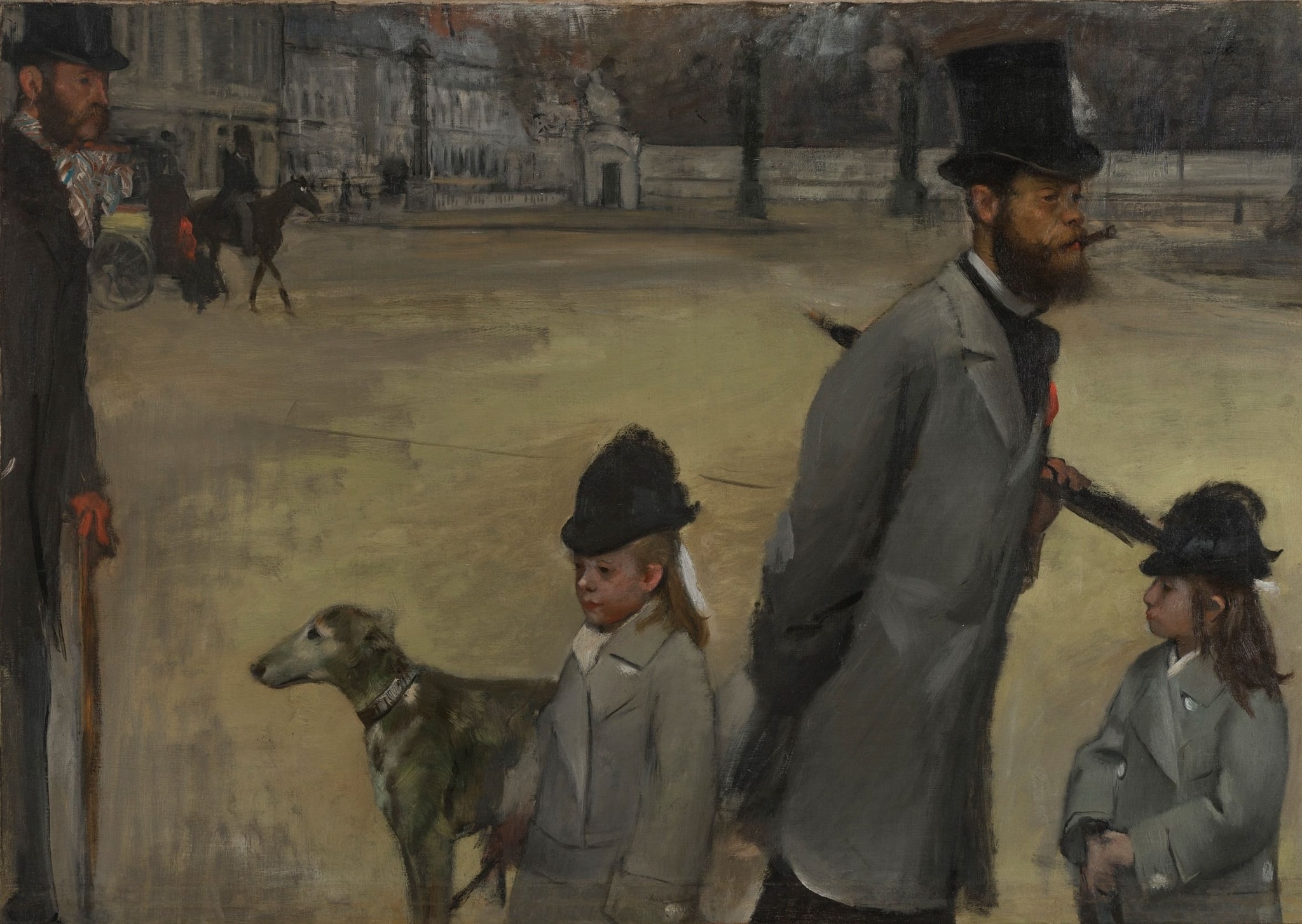 Click numbered symbols to learn about their meaning Place de la Concorde by Edgar Degas (1875) featuring Negative space of the plaza, Cropping of figures, Angled umbrella, Red lapel rosette (Legion of Honour ribbon)