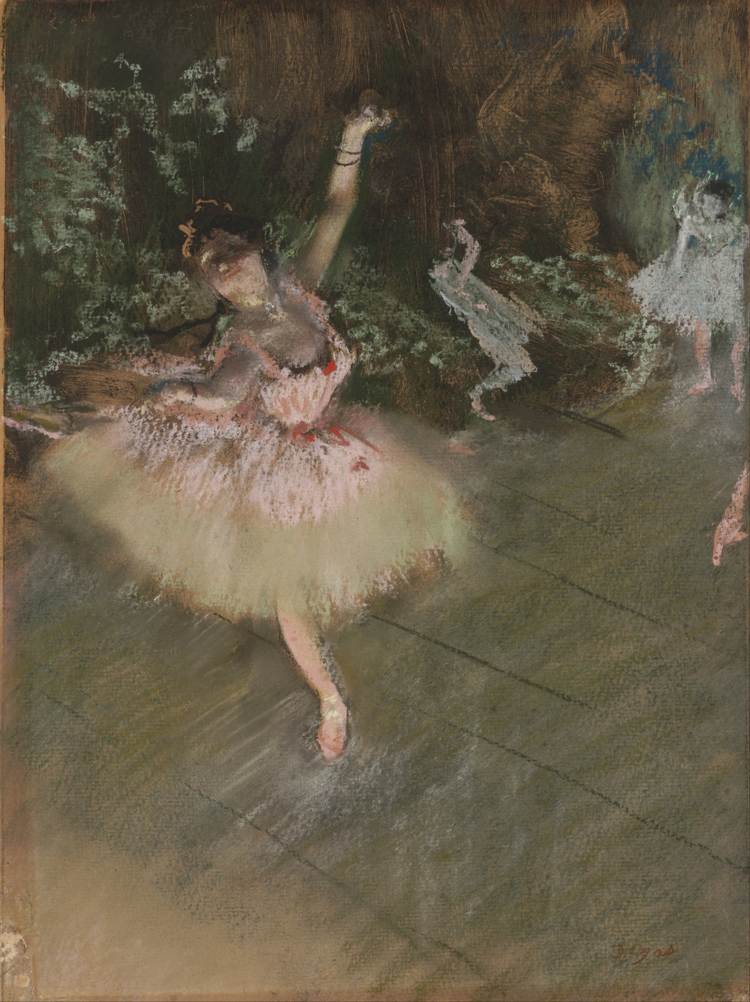 Click numbered symbols to learn about their meaning The Star by Edgar Degas (c. 1876–1878) featuring Single pointe, Diagonal floorboards (raked stage), Vaporous tutu (flare of light), Ghosted corps in the wings