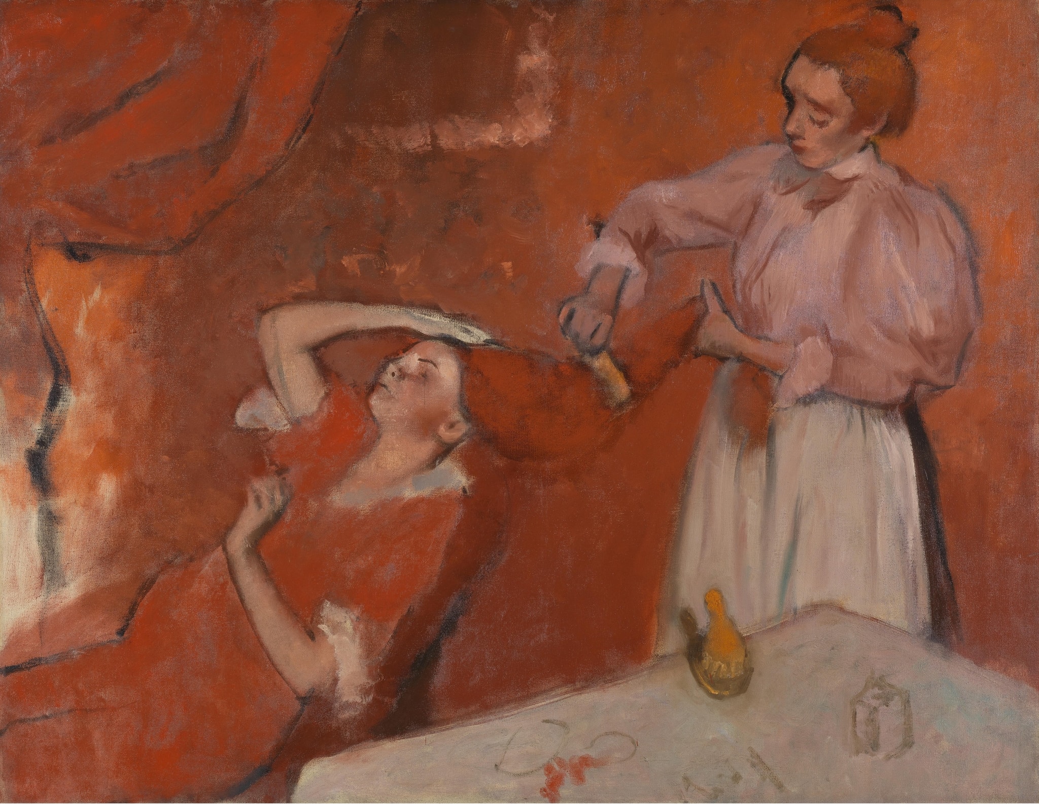 Click numbered symbols to learn about their meaning Combing the Hair by Edgar Degas (c.1896) featuring Flame‑red field, Tress of hair as binding ribbon, Brush in motion, Apron and work blouse