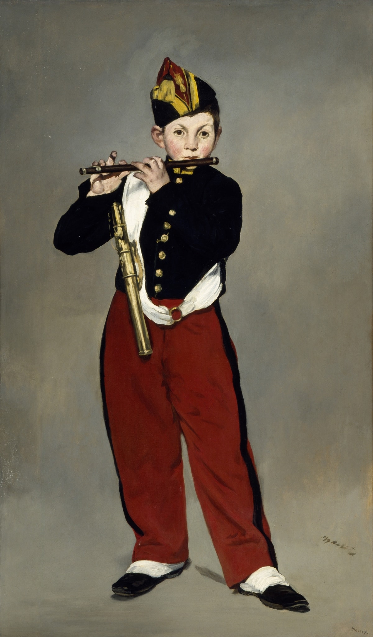 Click numbered symbols to learn about their meaning The Fifer by Édouard Manet (1866) featuring Fife (wooden flute), Shako cap (red-yellow-black), Red trousers with black side stripe, Black tunic with gilt buttons
