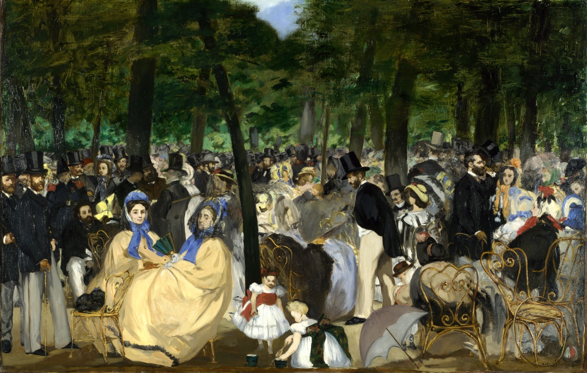 Click numbered symbols to learn about their meaning Music in the Tuileries by Édouard Manet (1862) featuring Top hats, Crinolines and bonnets (with blue ribbons), Iron café chairs, Parasols/umbrella