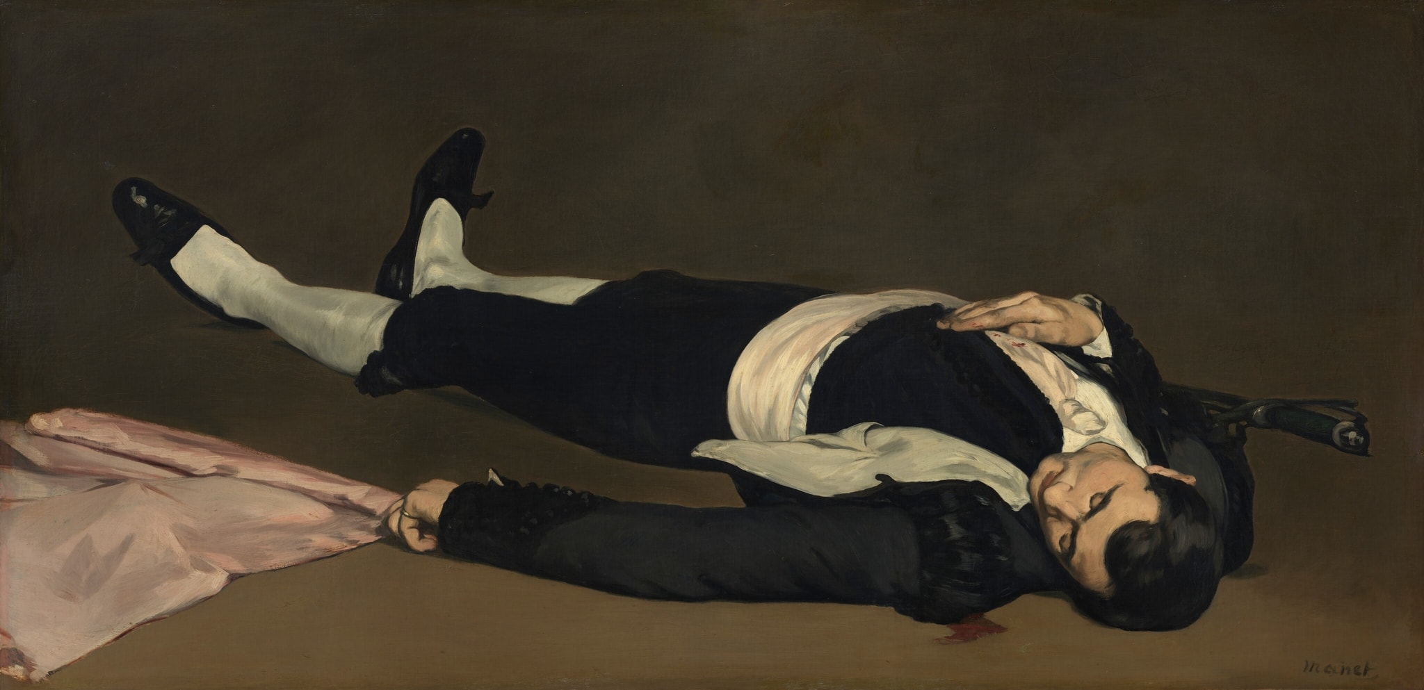 Click numbered symbols to learn about their meaning The Dead Toreador by Édouard Manet (probably 1864) featuring Pale pink cape (capote), Sword hilt, Pool of blood, Black-and-white costume geometry