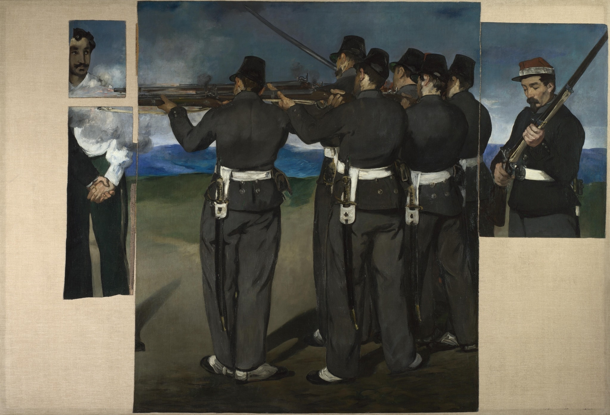 Click numbered symbols to learn about their meaning The Execution of Emperor Maximilian by Édouard Manet (1867–1868) featuring Wall of riflemen (backs turned), Horizontal rifles aligned with the horizon, Loader preparing the coup de grâce, Fragmented canvas and exposed linen