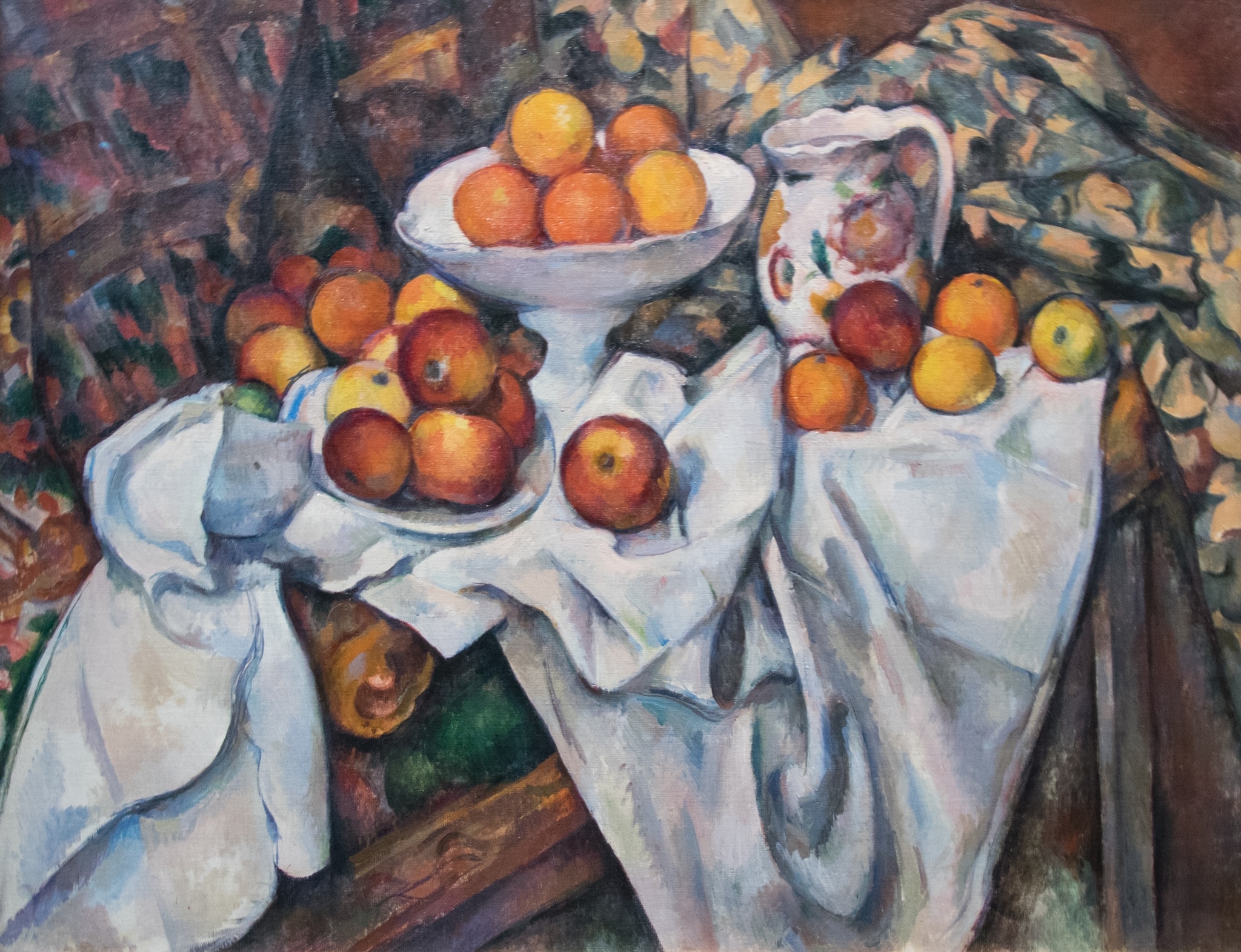 Click numbered symbols to learn about their meaning Still Life with Apples and Oranges by Paul Cézanne (c. 1899) featuring Apples, Oranges, White Drapery/Cloths, Footed Compote (Bowl)