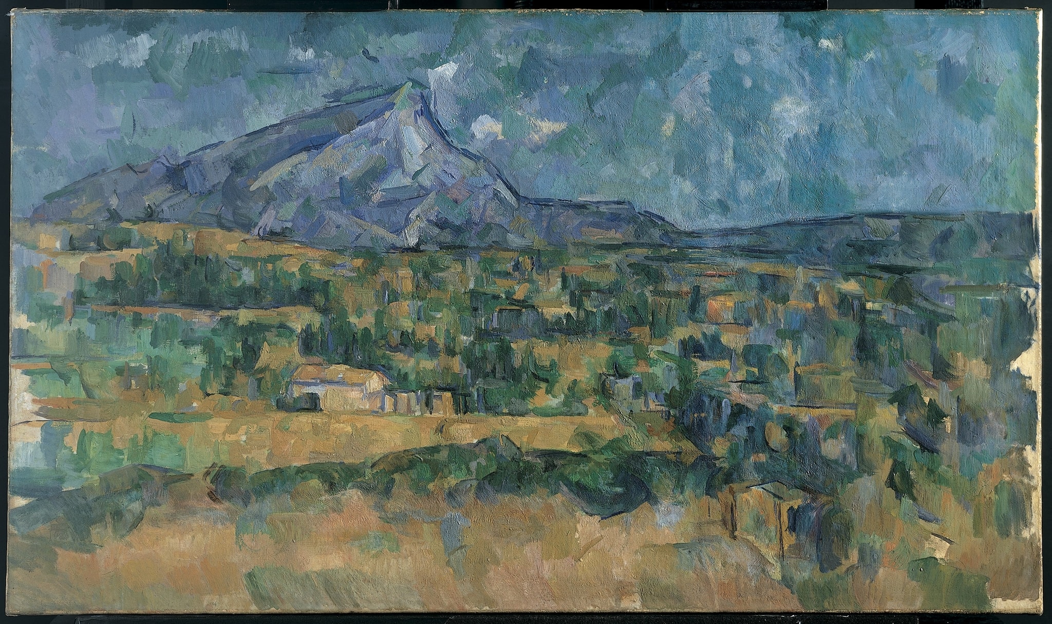 Click numbered symbols to learn about their meaning Mont Sainte-Victoire by Paul Cézanne (1902–1906) featuring Mont Sainte‑Victoire summit, Structural sky, Tessellated fields, Blocky houses