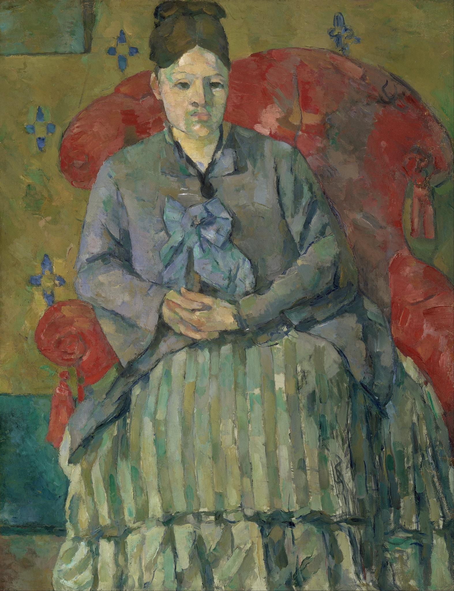 Click numbered symbols to learn about their meaning Madame Cézanne in a Red Armchair by Paul Cézanne (about 1877) featuring Crimson Armchair, Blue‑green Dress and Bow, Clasped Hands, Cobalt Wallpaper Florets