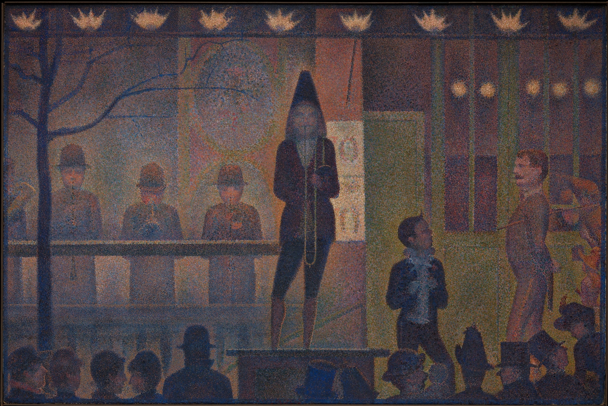 Click numbered symbols to learn about their meaning Circus Sideshow (Parade de cirque) by Georges Seurat (1887–88) featuring Row of gaslights, The barker with conical hat and rope, Silhouetted crowd of hats, Railing and stage platform