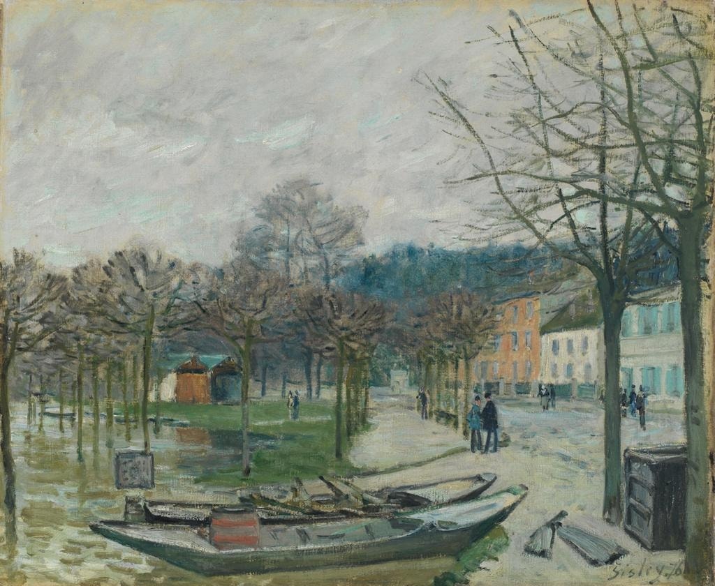 Click numbered symbols to learn about their meaning Flood at Port-Marly by Alfred Sisley (1876) featuring Regimented leafless trees, Flat-bottomed boats, Reflections on floodwater, Overcast, cloud-laden sky