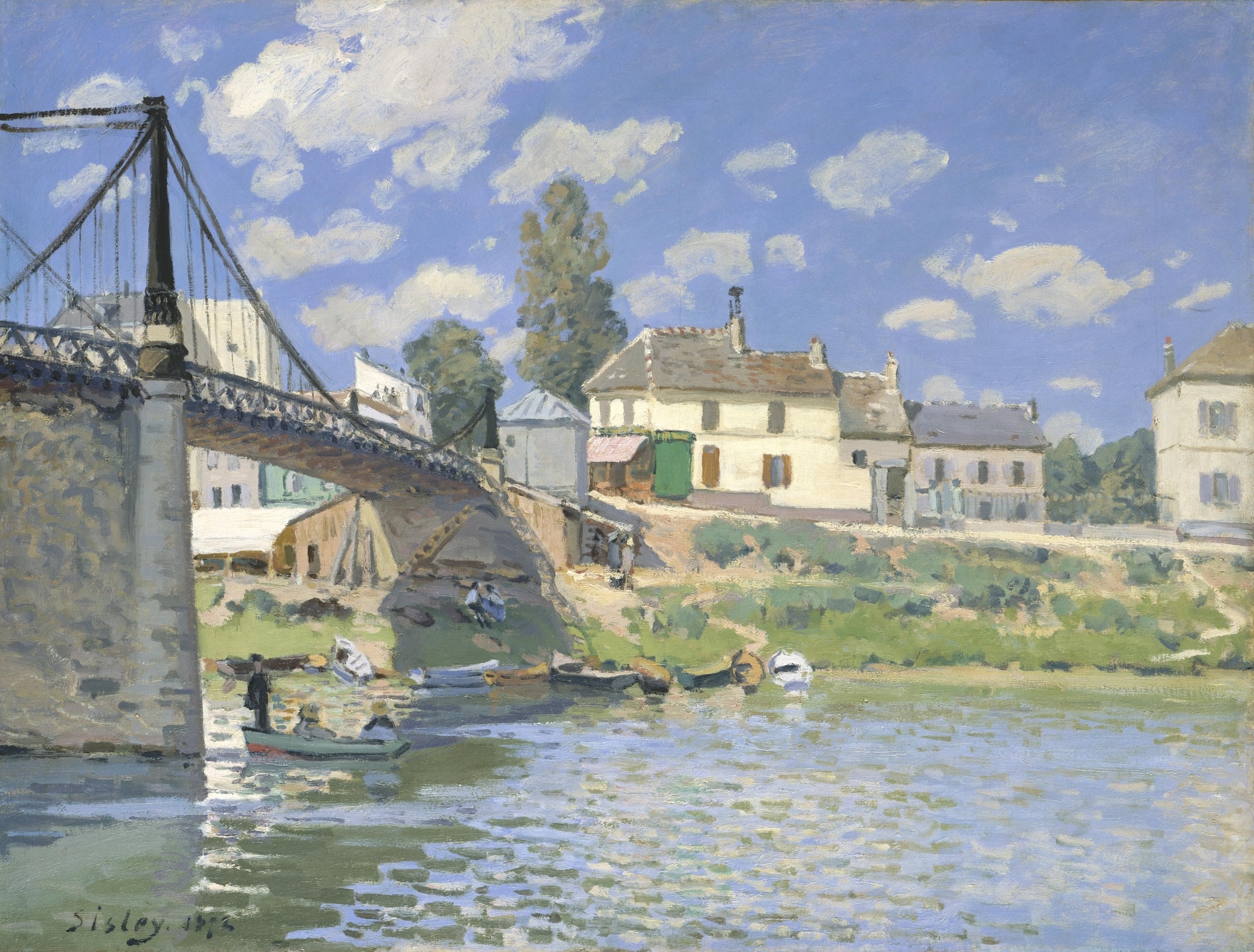 Click numbered symbols to learn about their meaning The Bridge at Villeneuve-la-Garenne by Alfred Sisley (1872) featuring Suspension bridge (pylons, cables, truss), Small boats and skiffs, Standing figure at the boat’s prow, Ramp/path ascending to the bridge