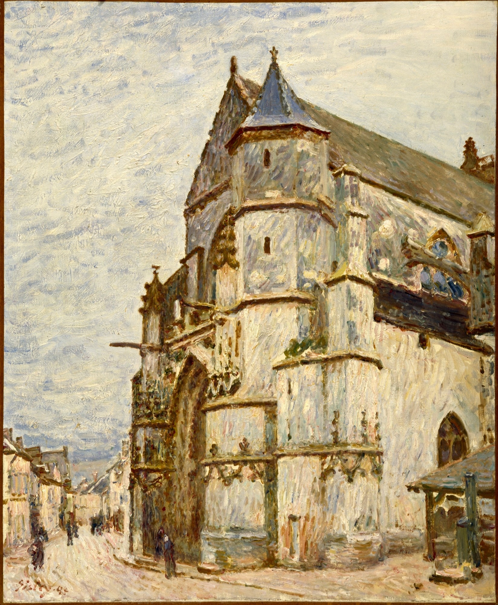 Click numbered symbols to learn about their meaning The Church at Moret by Alfred Sisley (1894) featuring Gothic West Portal (shadowed arch), Cylindrical Buttresses and Corner Turrets, Cross Finials, Market Shelter (wooden lean‑to)