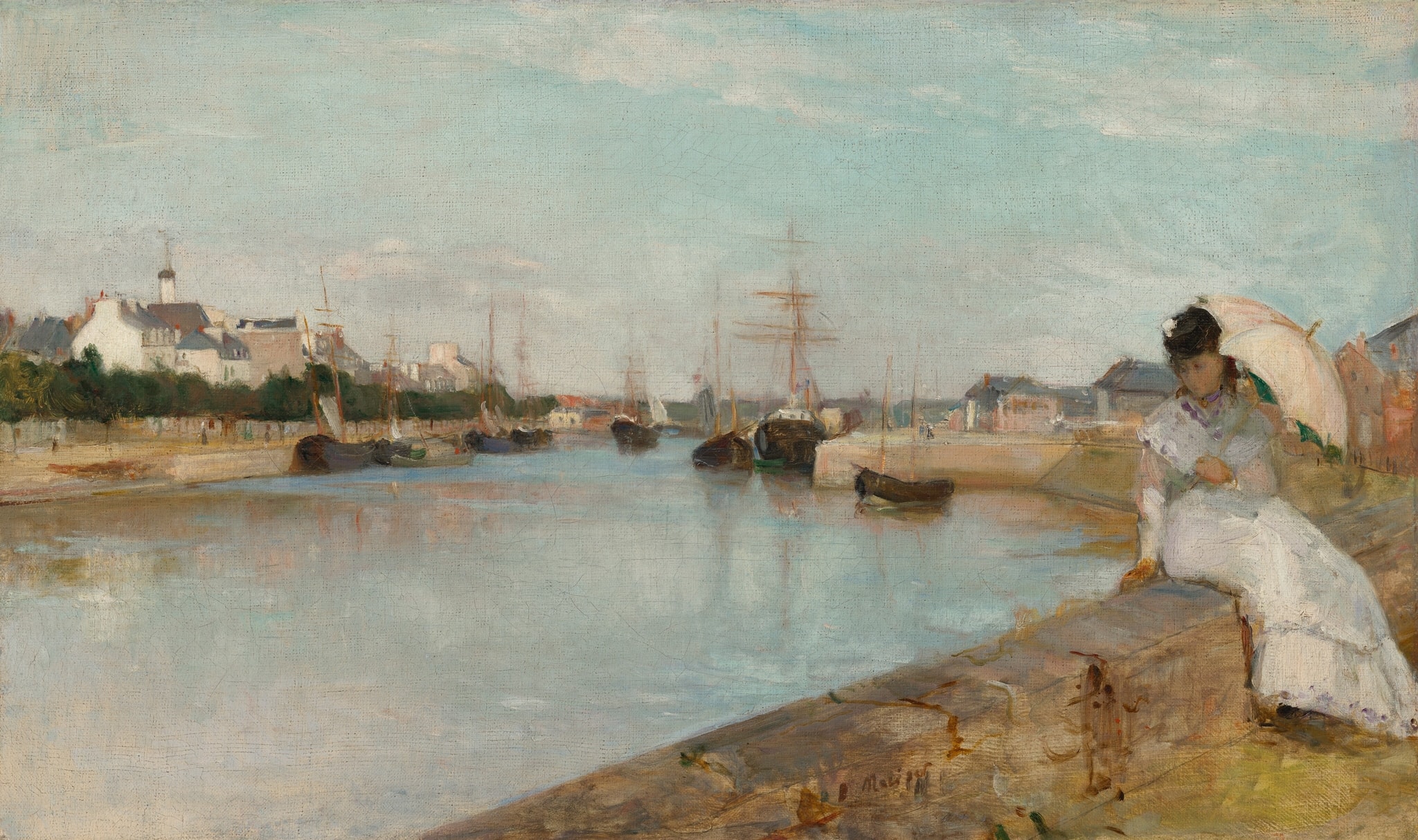 Click numbered symbols to learn about their meaning The Harbour at Lorient by Berthe Morisot (1869) featuring Parasol, Seated woman in white dress, Diagonal quay/parapet, Anchored boats and upright masts