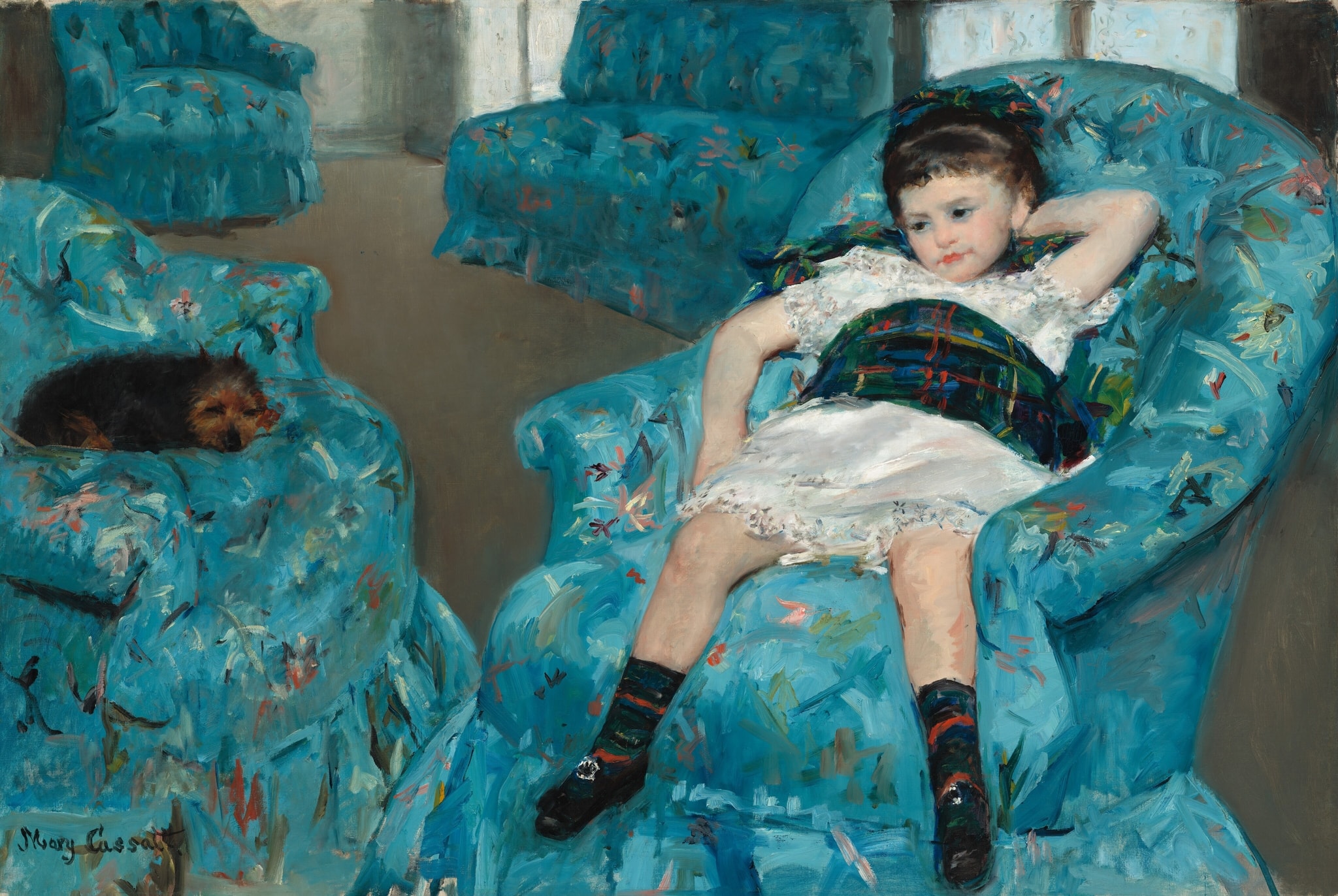 Click numbered symbols to learn about their meaning Little Girl in a Blue Armchair by Mary Cassatt (1878) featuring Oversized blue armchairs, Slumped posture of the child, Tartan sash and bow over a lacy white dress, Small dog on a neighboring chair