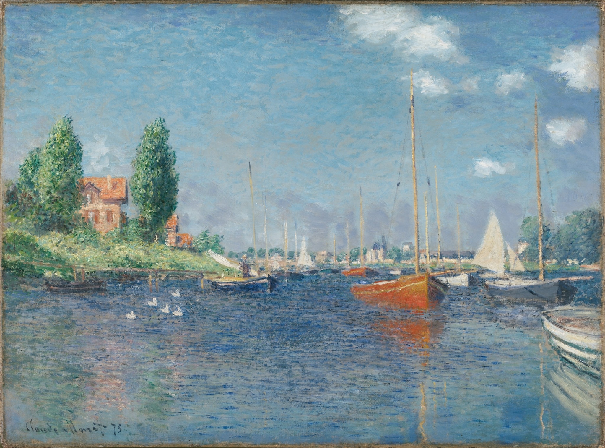 Click numbered symbols to learn about their meaning The Red Boats, Argenteuil by Claude Monet (1875) featuring Red boats (vermilion hulls), Water reflections, Masts and poplars (verticals), White sail