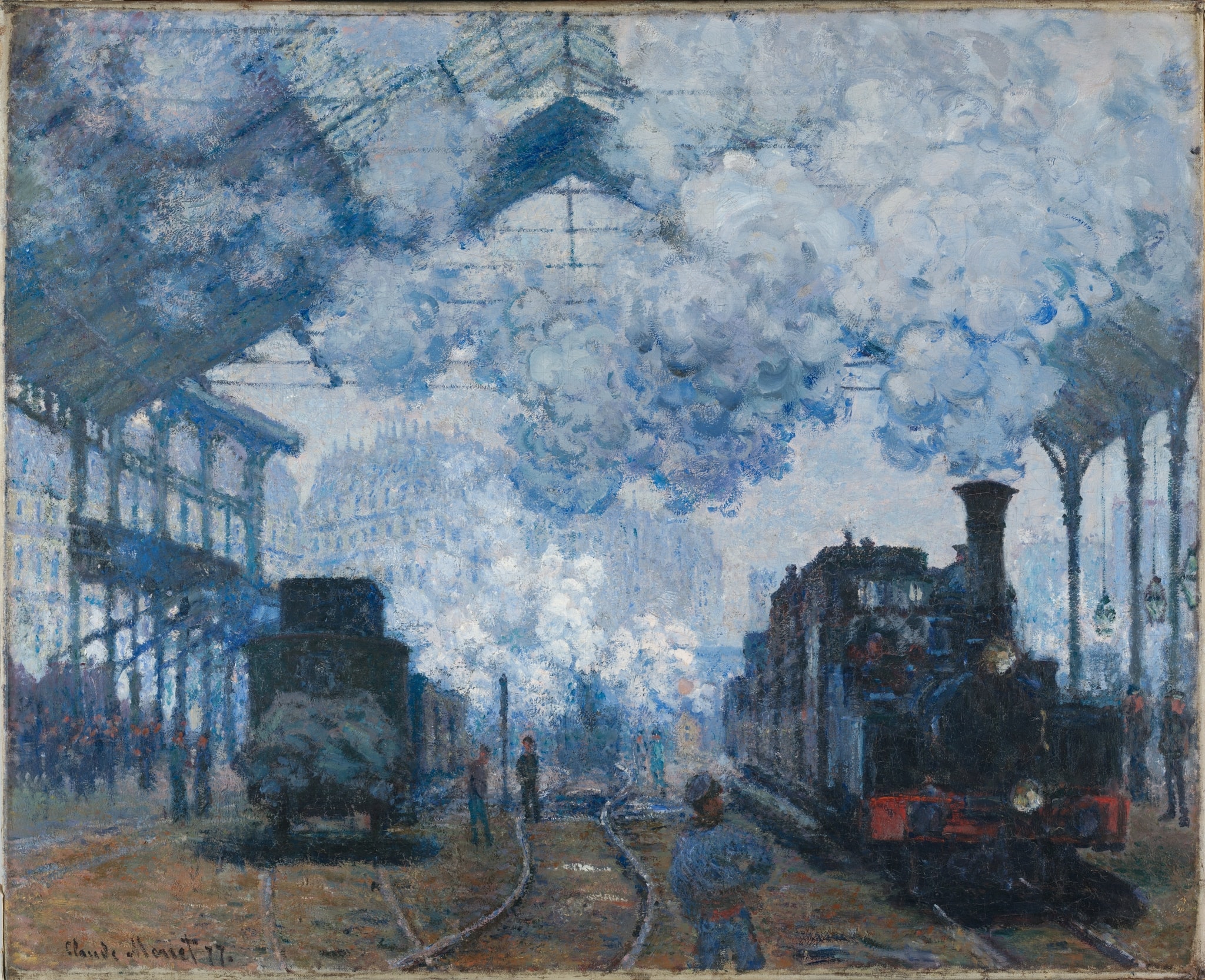 Click numbered symbols to learn about their meaning The Gare Saint-Lazare: Arrival of a Train by Claude Monet (1877) featuring Billowing steam plumes, Iron-and-glass train shed, Right-hand locomotive with red buffer and headlamp, Converging rails and switchwork