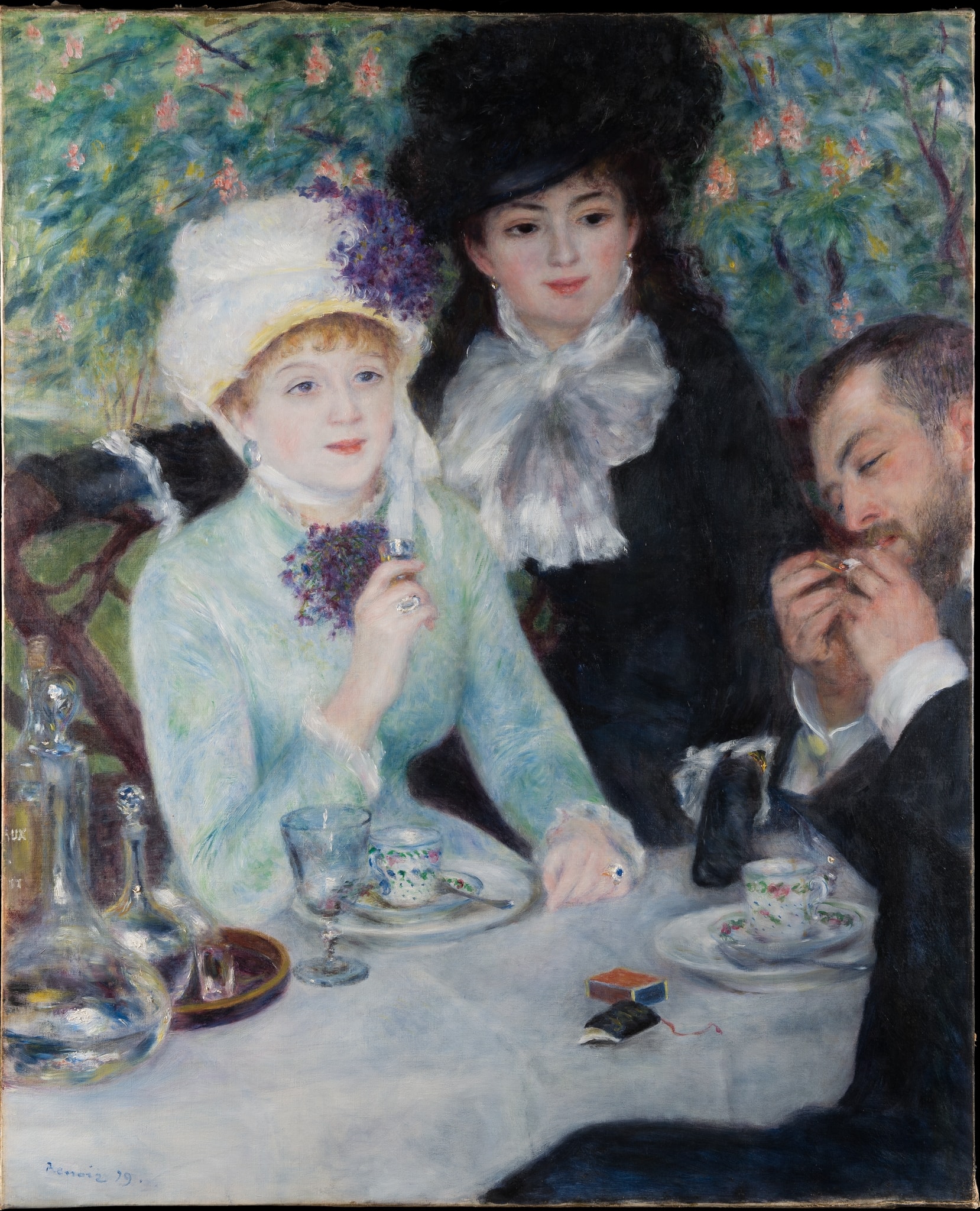 Click numbered symbols to learn about their meaning After the Luncheon by Pierre-Auguste Renoir (1879) featuring Lit cigarette, Open matchbox, Empty decanters and wineglass, Coffee cups and saucers