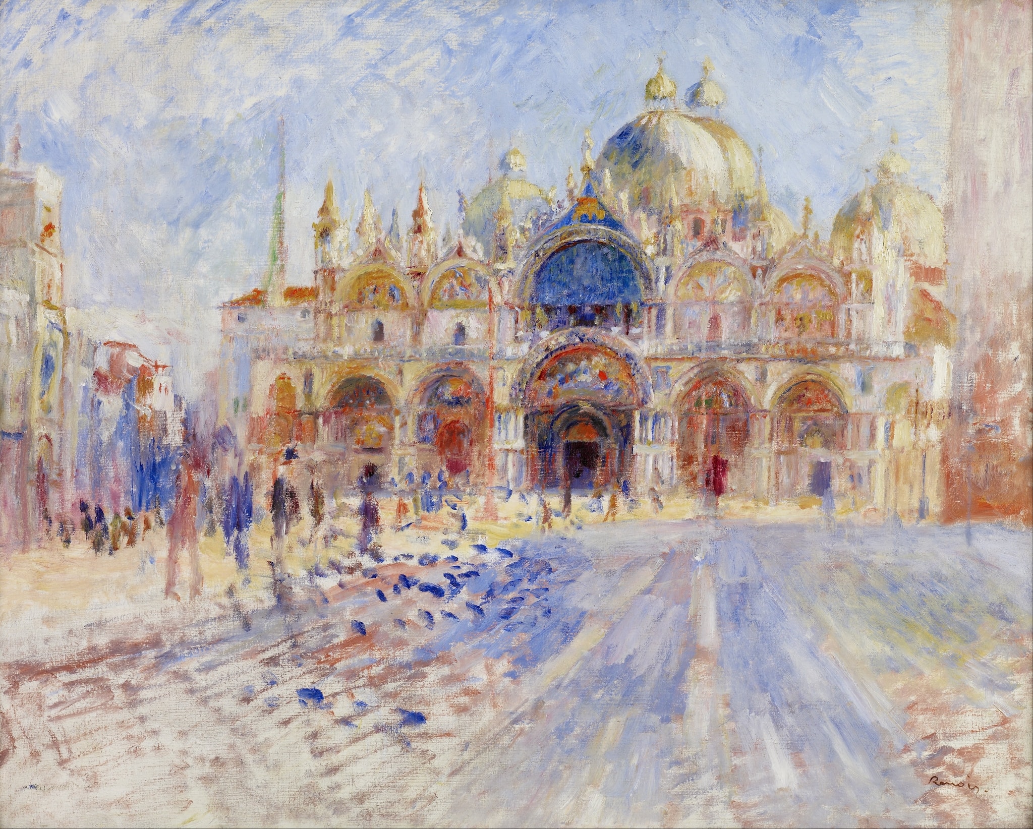 Click numbered symbols to learn about their meaning The Piazza San Marco, Venice by Pierre-Auguste Renoir (1881) featuring Five gilded domes of St. Mark’s, Gilded mosaics and blue lunette, Diagonal blue‑violet shadows on the paving, Flock of pigeons