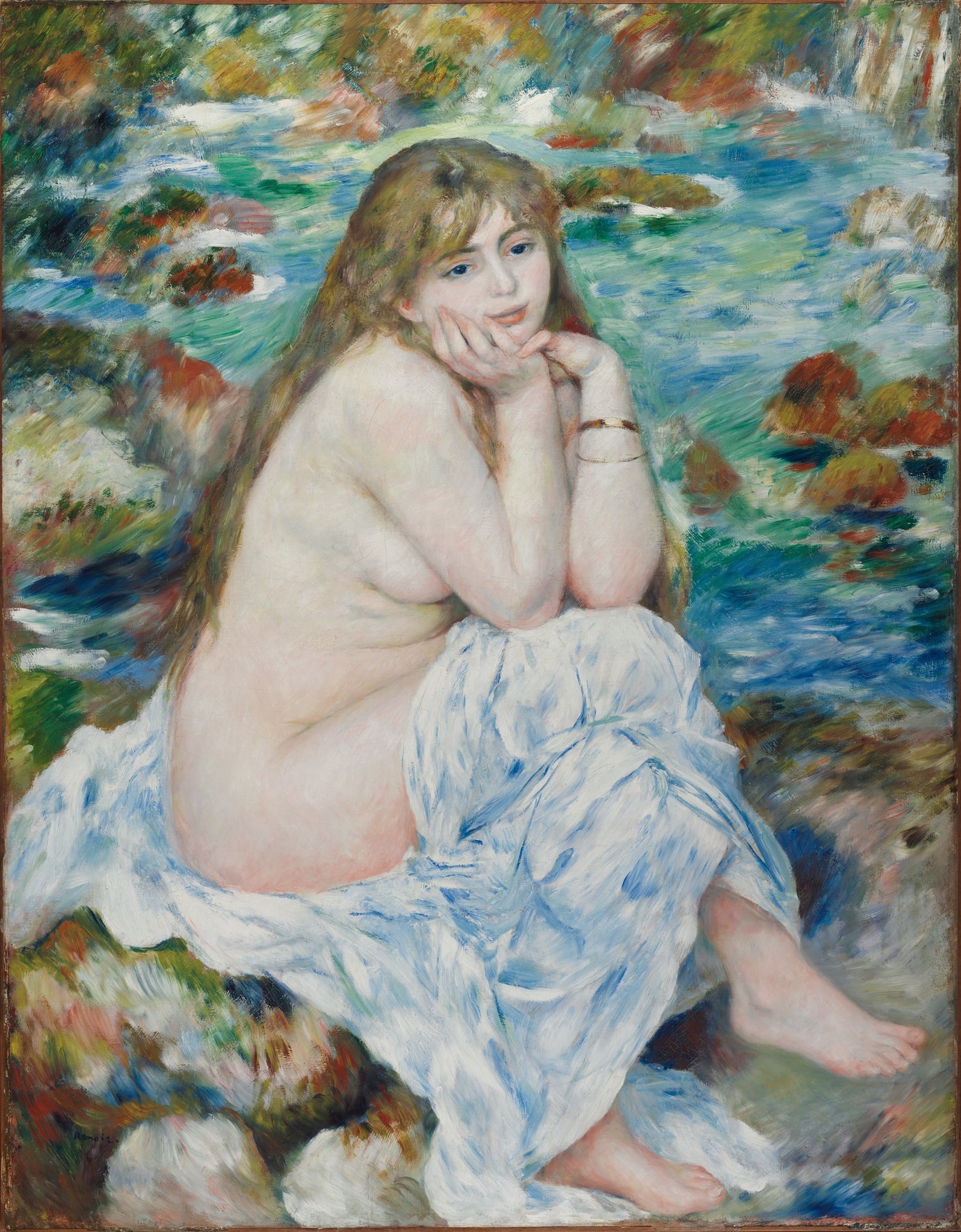 Click numbered symbols to learn about their meaning Seated Bather by Pierre-Auguste Renoir (unknown year) featuring Flowing water/stream, White drapery (towel/veil), Rocks/stone perch, Gold bracelet