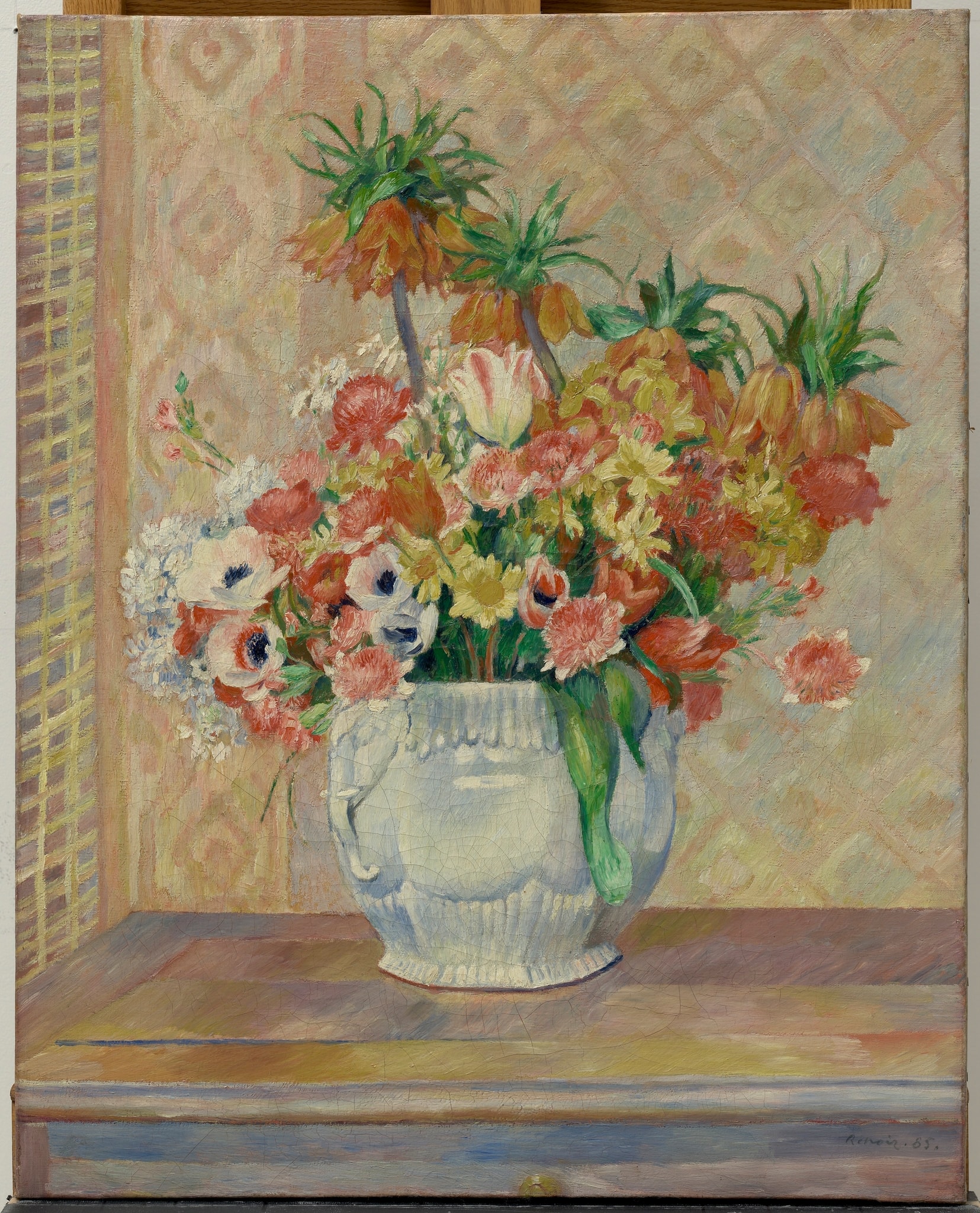 Click numbered symbols to learn about their meaning Still Life with Flowers by Pierre-Auguste Renoir (1885) featuring Crown imperials (Fritillaria), Tulips, Anemones, Crackled porcelain vase