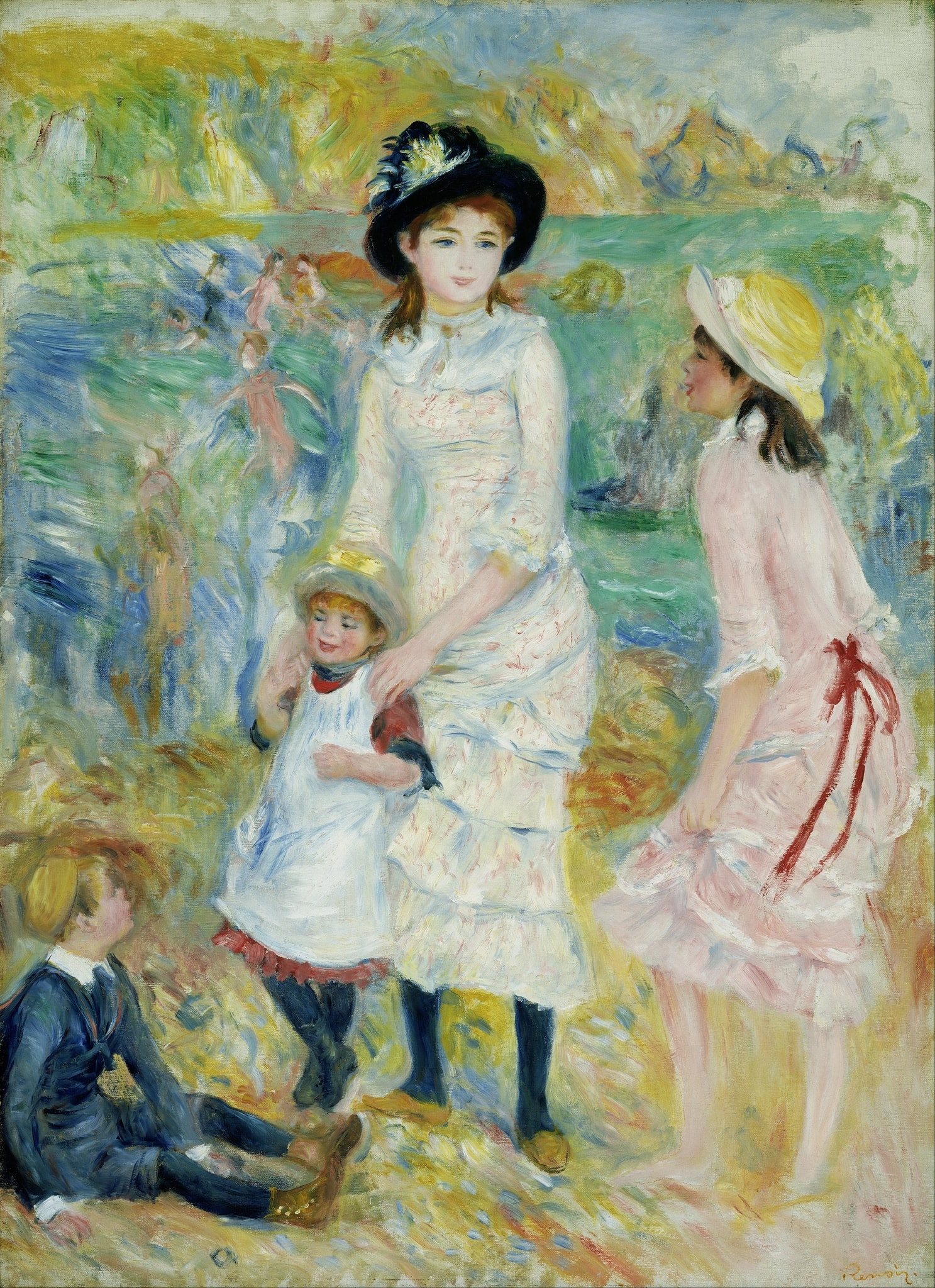 Click numbered symbols to learn about their meaning Children on the Seashore, Guernsey by Pierre-Auguste Renoir (about 1883) featuring Black hat with pale feather, White apron and toddler’s outfit, Sailor suit, Pink ruffled dress with red ribbons