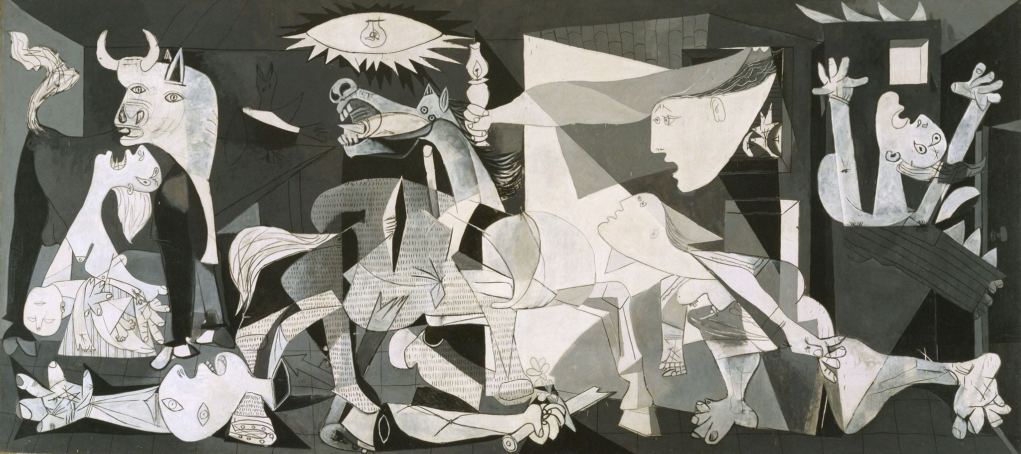 Click numbered symbols to learn about their meaning Guernica by Pablo Picasso (1937) featuring Horse (screaming), Bull, Weeping mother with dead child, Fallen soldier with broken sword and small flower