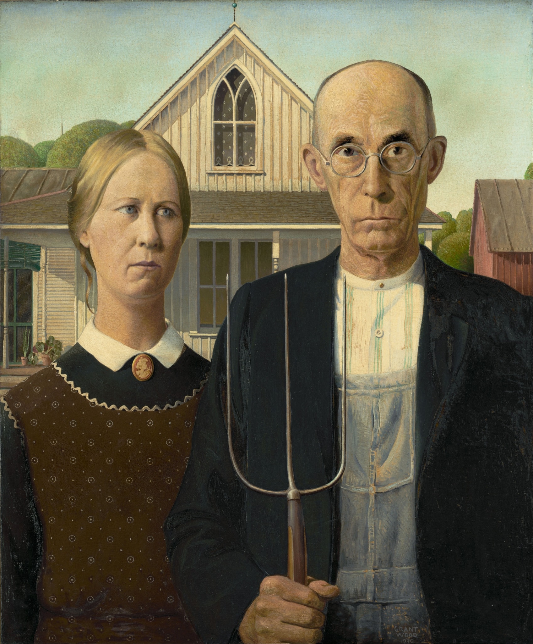 Click numbered symbols to learn about their meaning American Gothic by Grant Wood (1930) featuring Pitchfork, Carpenter Gothic window (pointed arch), Overalls and vertical seams, Cameo brooch and high collar