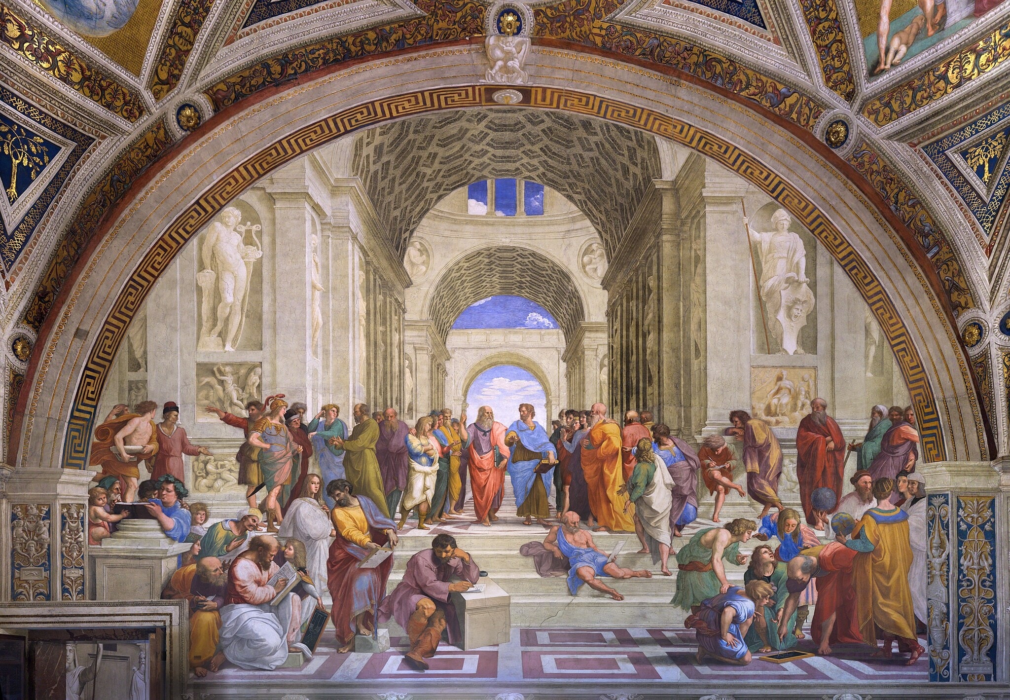 Click numbered symbols to learn about their meaning The School of Athens by Raphael (1509–1511) featuring Plato’s upward gesture and the book Timaeus, Aristotle’s level hand and the book Ethics, Statue of Apollo with lyre, Statue of Athena/Minerva with helmet and aegis (Gorgon head)