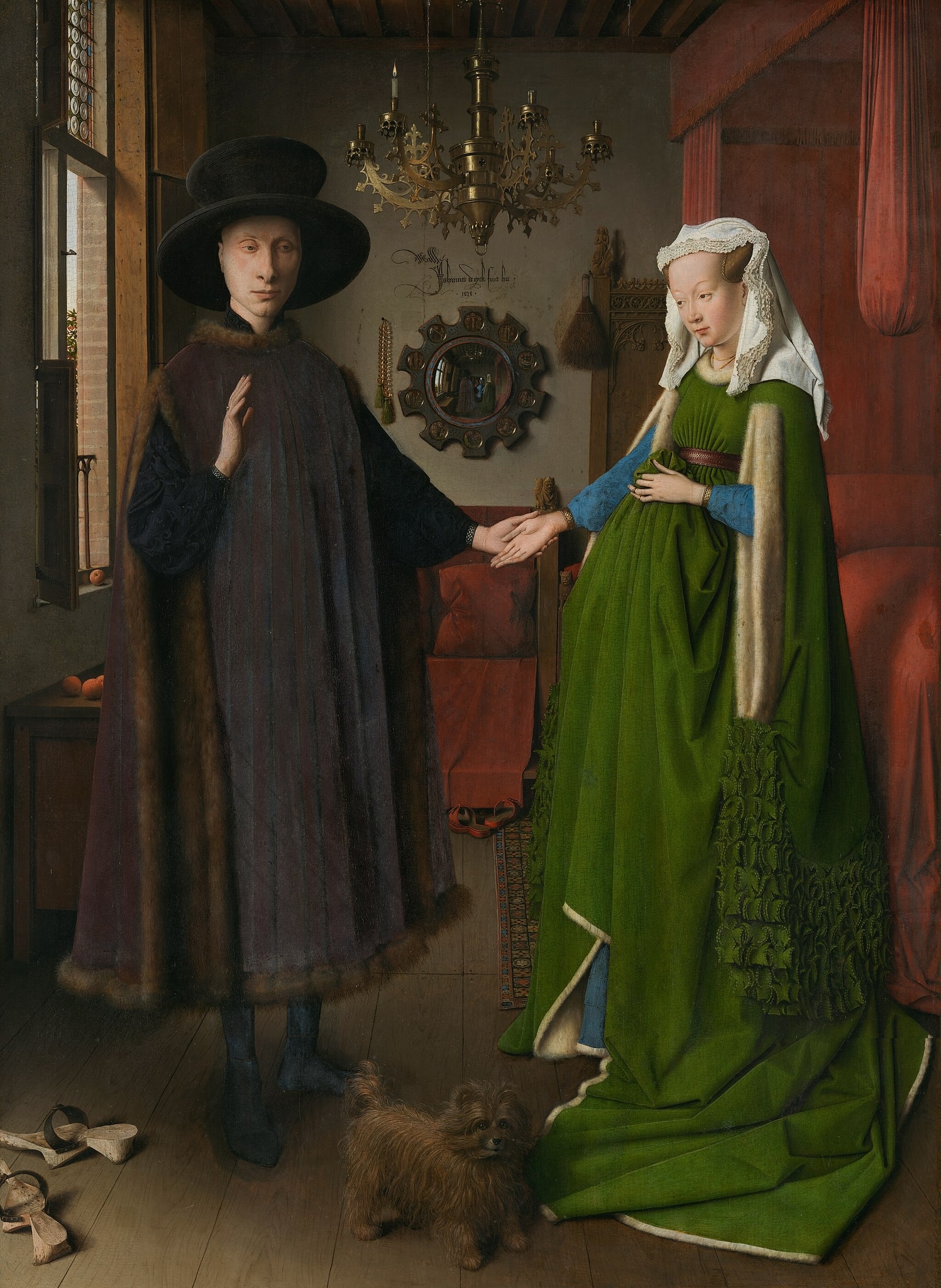 Click numbered symbols to learn about their meaning The Arnolfini Portrait by Jan van Eyck (1434) featuring Convex mirror with reflected figures and Passion roundels, Single burning candle, Joined hands and raised hand, Small Dog
