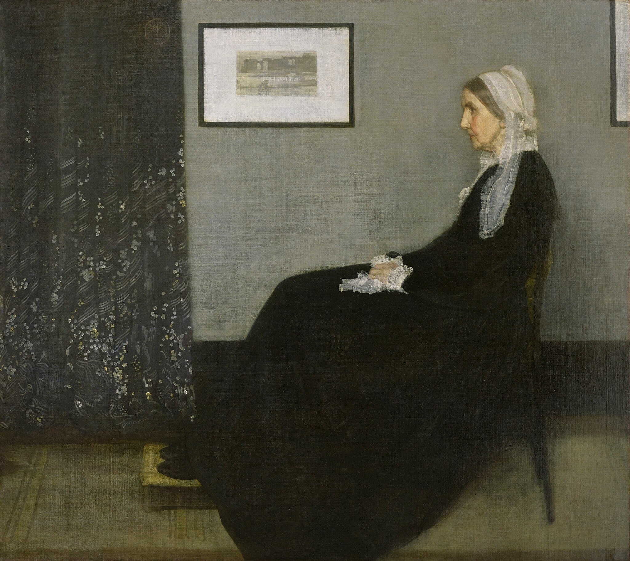 Click numbered symbols to learn about their meaning Whistler's Mother by James Abbott McNeill Whistler (1871) featuring Black dress, White lace cap and cuffs, Folded hands with handkerchief, Low footstool