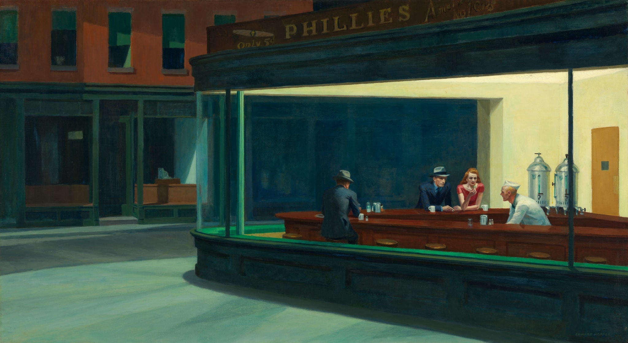 Click numbered symbols to learn about their meaning Nighthawks by Edward Hopper (1942) featuring Curved glass window, Fluorescent light, Long mahogany counter and small implements, PHILLIES cigar sign