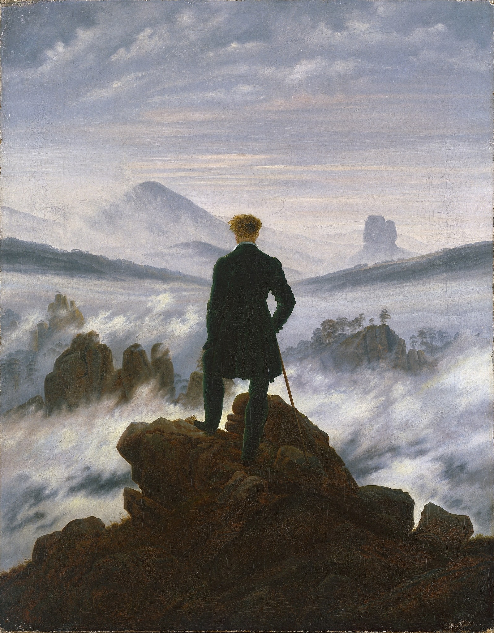Click numbered symbols to learn about their meaning The Wanderer above the Sea of Fog by Caspar David Friedrich (ca. 1817) featuring Rückenfigur (back-figure), Sea of fog/mist, Rocky promontory (threshold), Walking stick (anchor and measure)