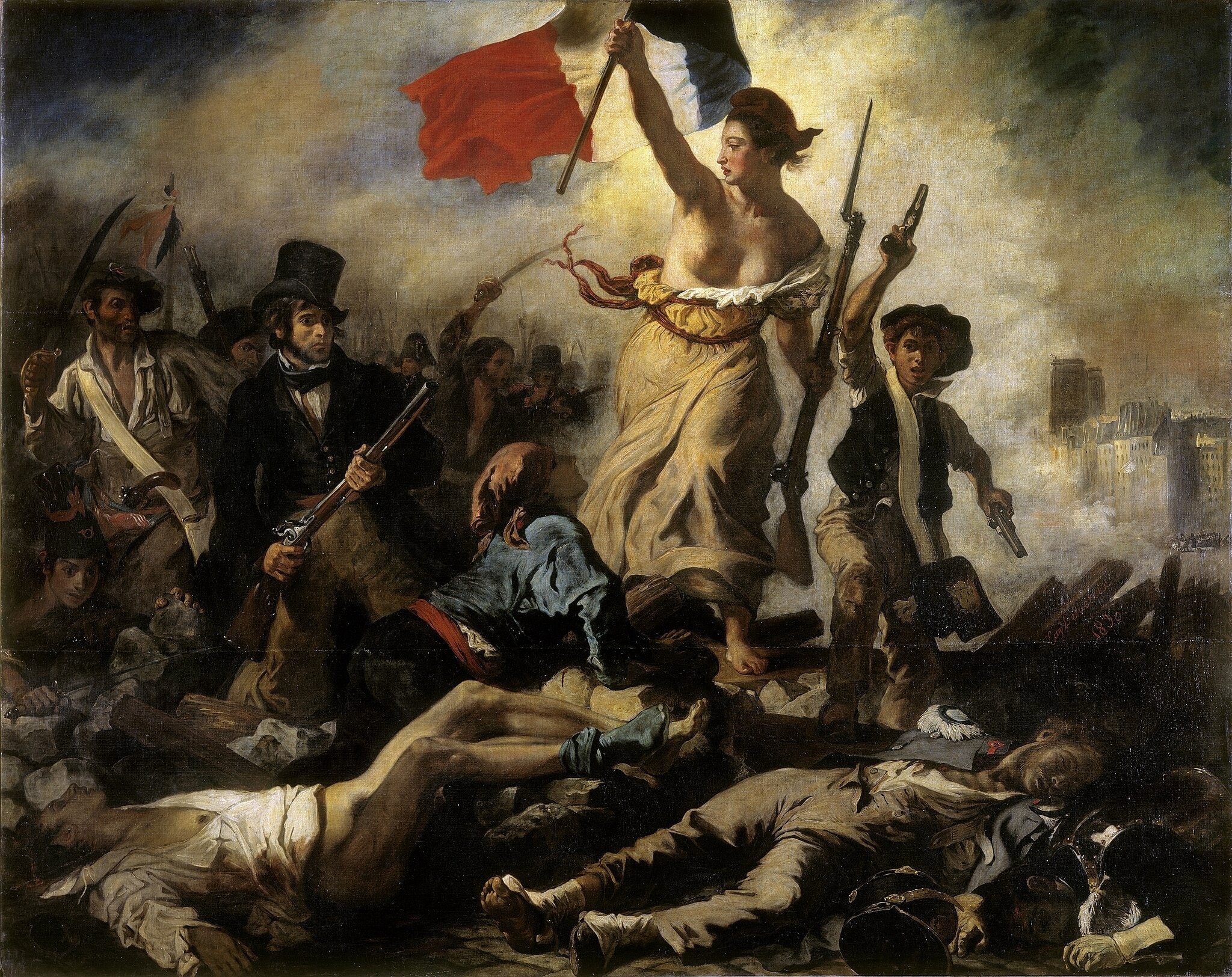 Click numbered symbols to learn about their meaning Liberty Leading the People by Eugene Delacroix (1830) featuring Allegorical Liberty (Marianne), Phrygian cap, Tricolor flag (blue–white–red), Foreground corpses (insurgent and soldier)