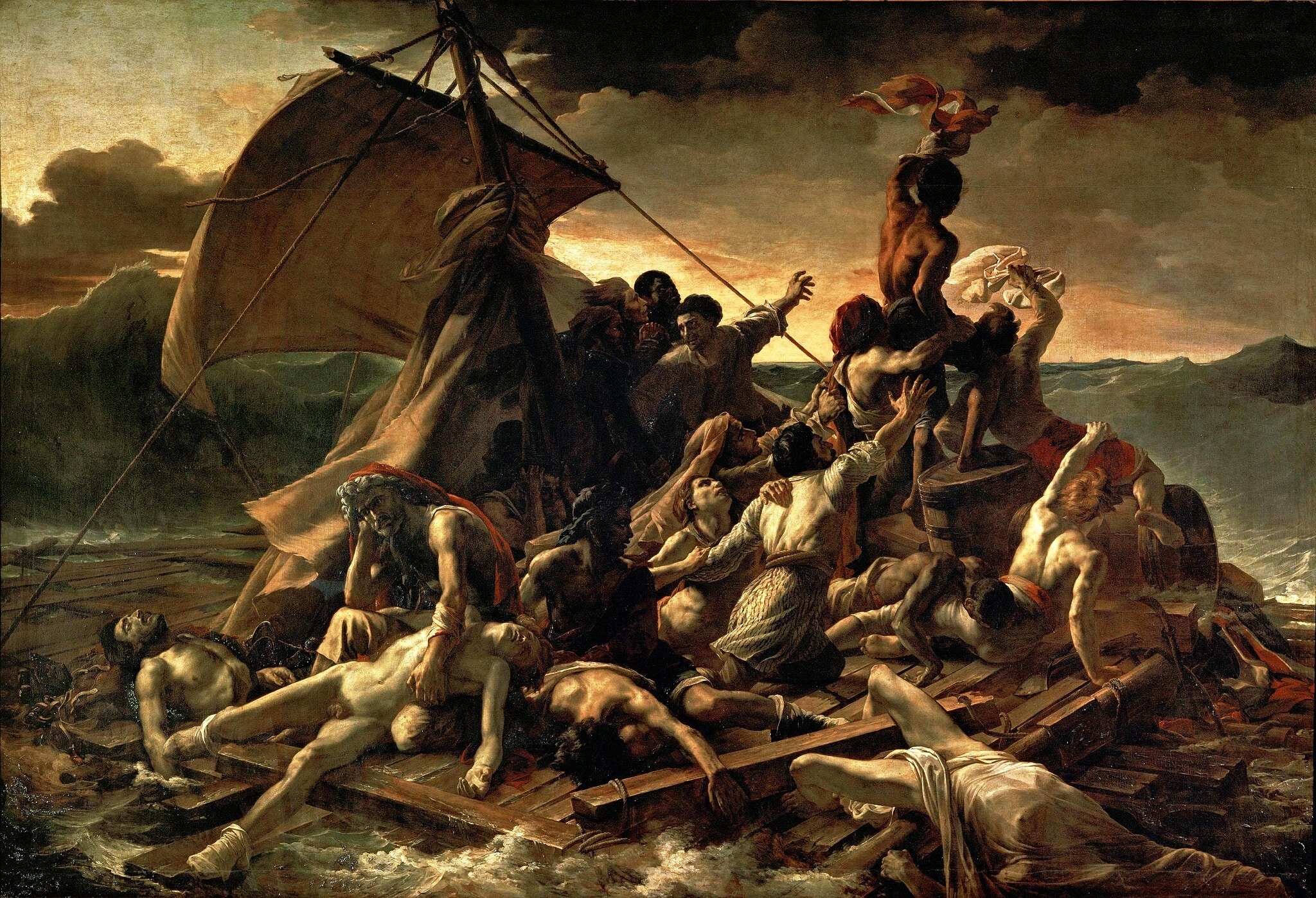 Click numbered symbols to learn about their meaning The Raft of the Medusa by Theodore Gericault (1818–1819) featuring Diagonal mast and torn sail, Apex signaler with waving cloth, Distant rescue ship (Argus), Pyramid of bodies