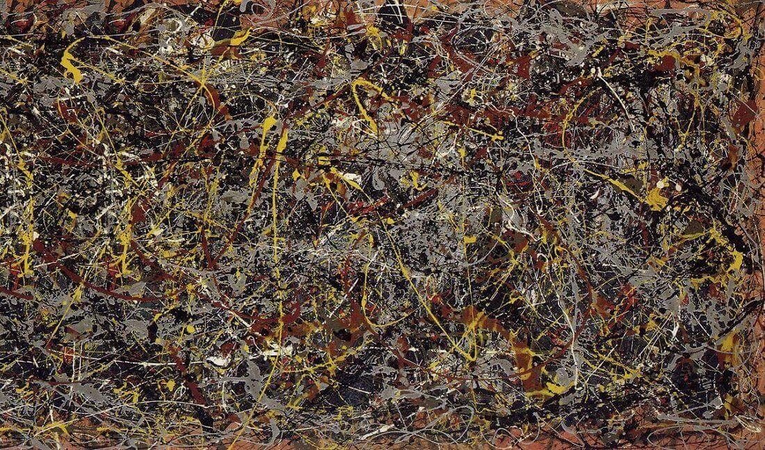 Click numbered symbols to learn about their meaning No. 5, 1948 by Jackson Pollock (1948) featuring All‑over lattice of black/gray lines, Diagonal yellow whips, Silvery aluminum filaments, Umber perimeter frame