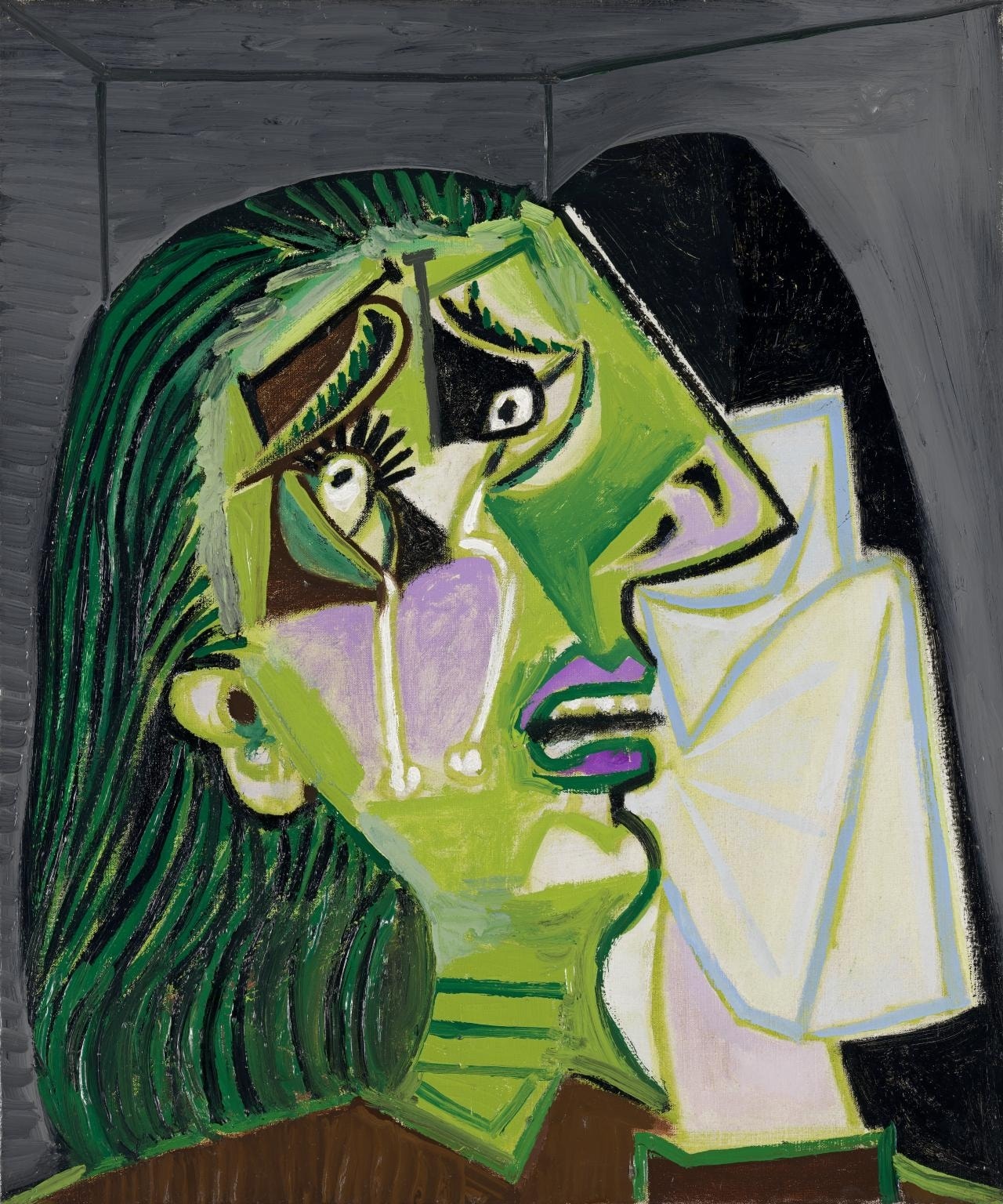Click numbered symbols to learn about their meaning The Weeping Woman by Pablo Picasso (1937) featuring Glass-like tears / tear-shaped eyes, Geometric handkerchief clenched in teeth, Triangular, thrusting nose, Banded throat / collar-like stripes